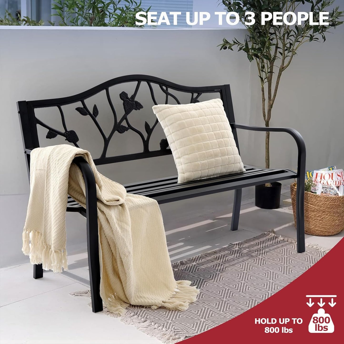 50” Strawberry Outdoor Garden Bench, Weatherproof Sturdy Cast Iron Metal Frame Patio Park Bench for Porch Yard Lawn Deck Park (Black Strawberry Style)