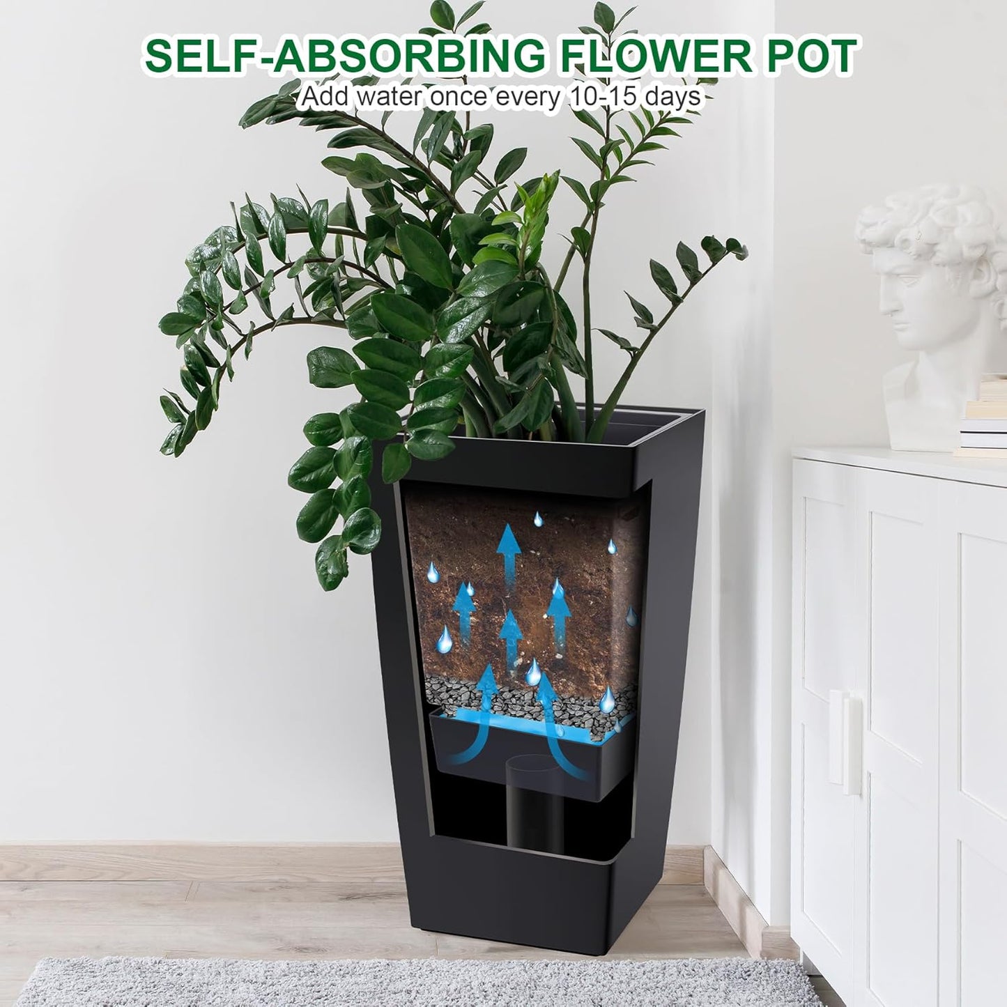 30" Tall Planters Set of 2, Outdoor＆Indoor Black Planter Pots, High Front Porch Planter Pots with Drainage Holes＆Water Level Monitor Movable Wheels ＆Inner Bucket, Automatic Watering,Black