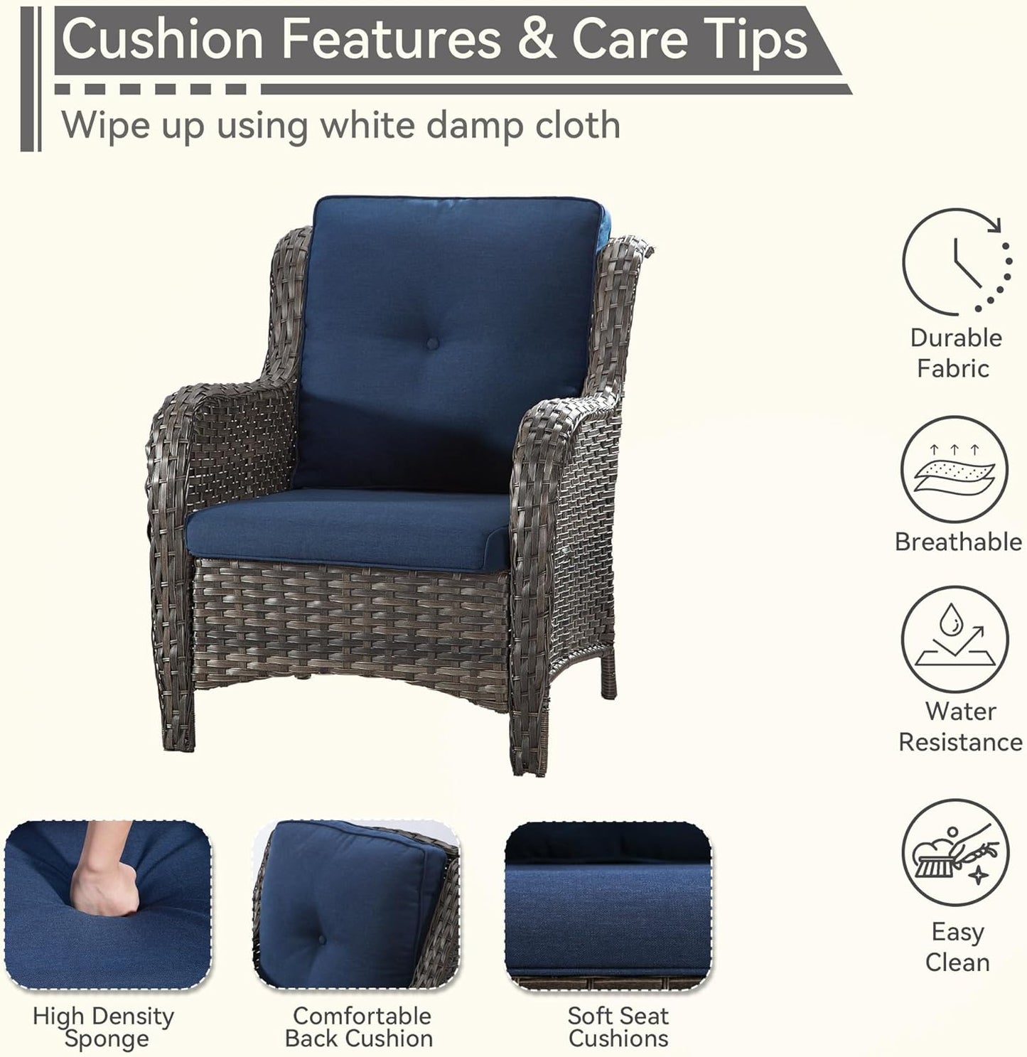 4 Pieces Patio Conversation Set, Wicker Chairs Set of 2 and Two Ottomans with 3.5-inch Seat Cushions, High Back and Curved Armrest for Backyard, Balcony and Deck, Blue