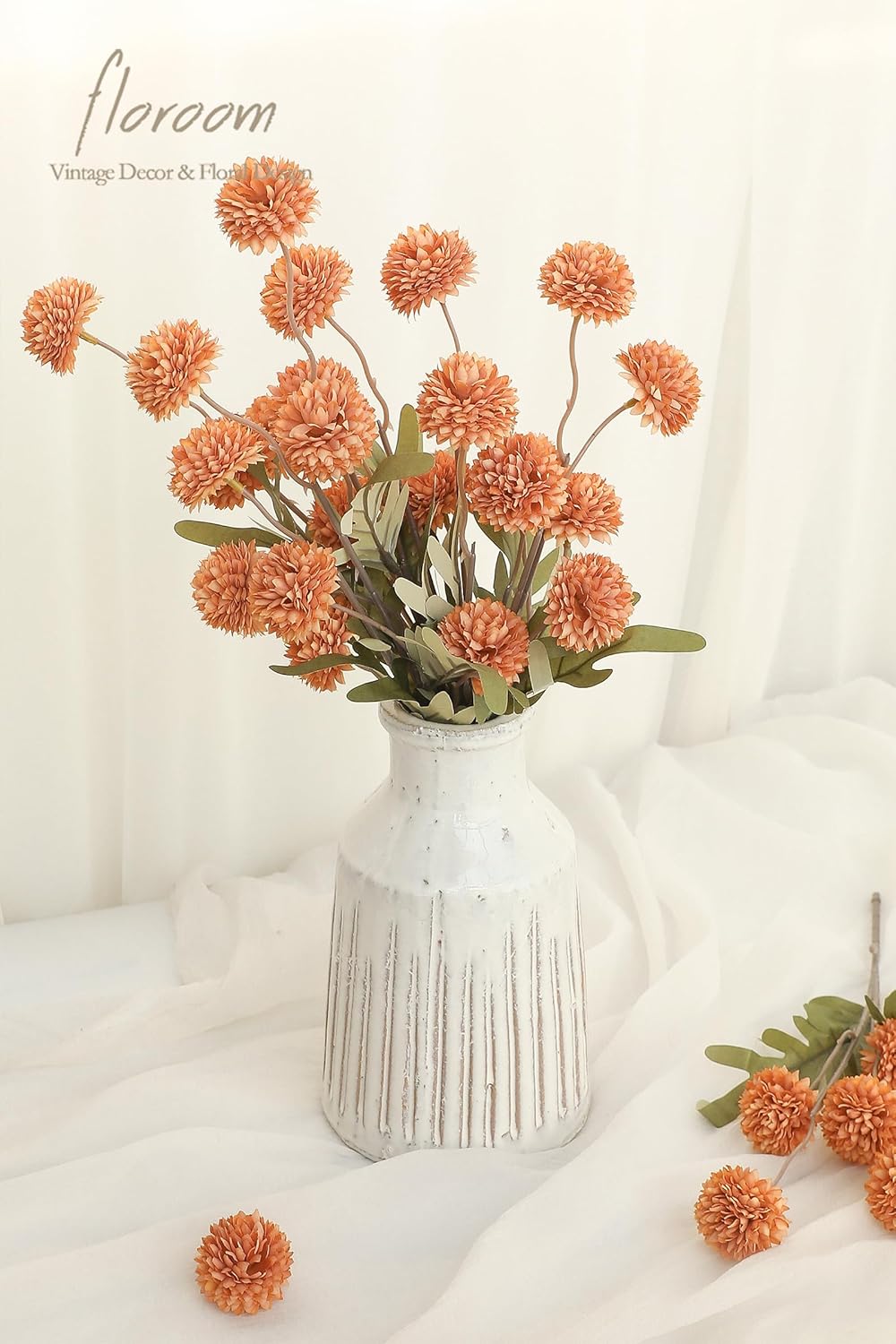 Floroom 5pcs Burnt Orange Faux Silk Mums Artificial Flowers, Bulk Fake Small Mini Chrysanthemums with Stems for DIY Terracotta Wedding Centerpieces Floral Arrangements Vase Fillers Home Decorations