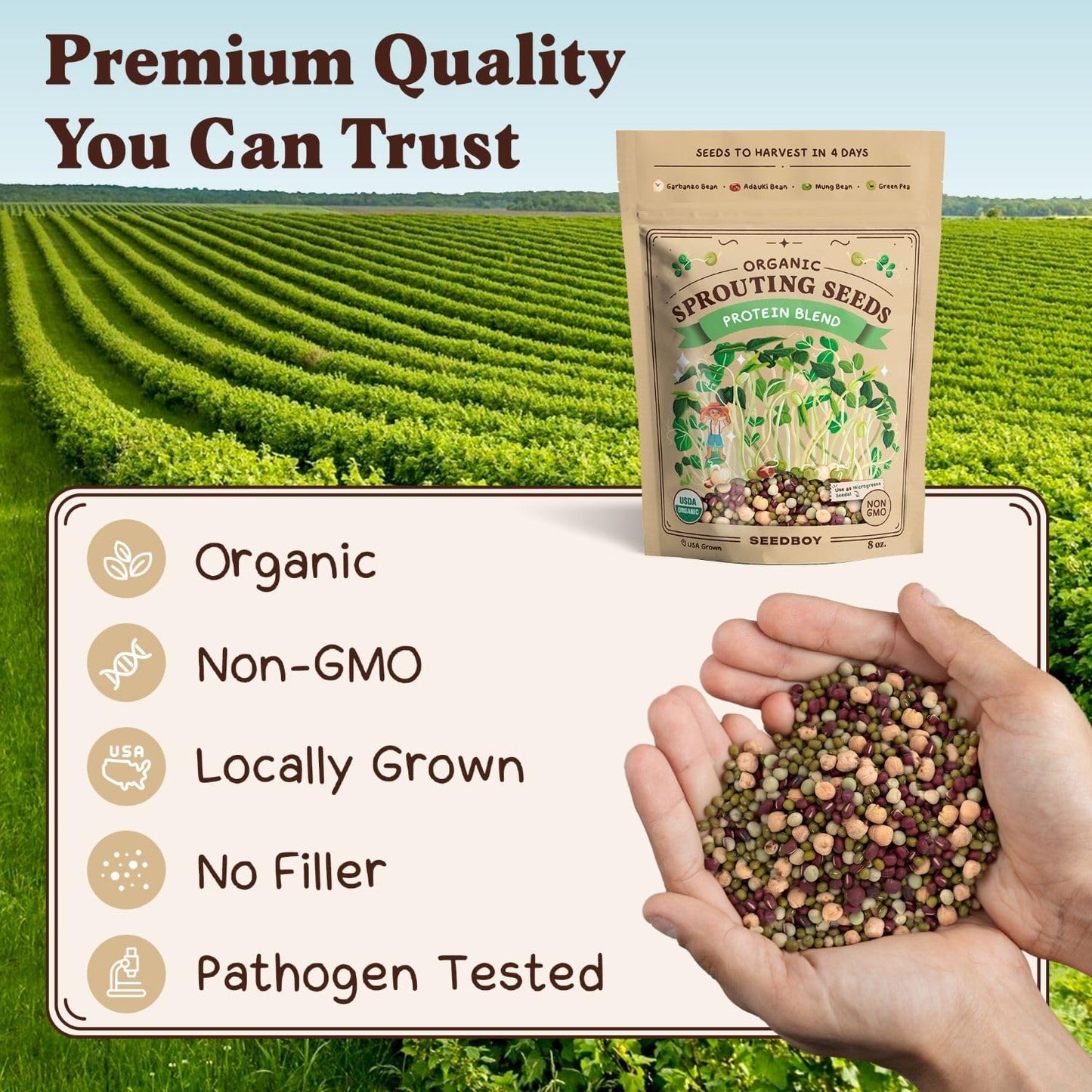 Seedboy Organic Sprouting Seeds - Protein Blend Variety - Non-GMO, USA Grown Microgreens Mix - Garbanzo, Mung, Adzuki Beans, Green Pea - Makes 2 Quarts of Sprouts, 12 Servings (8 oz) (Protein Blend)
