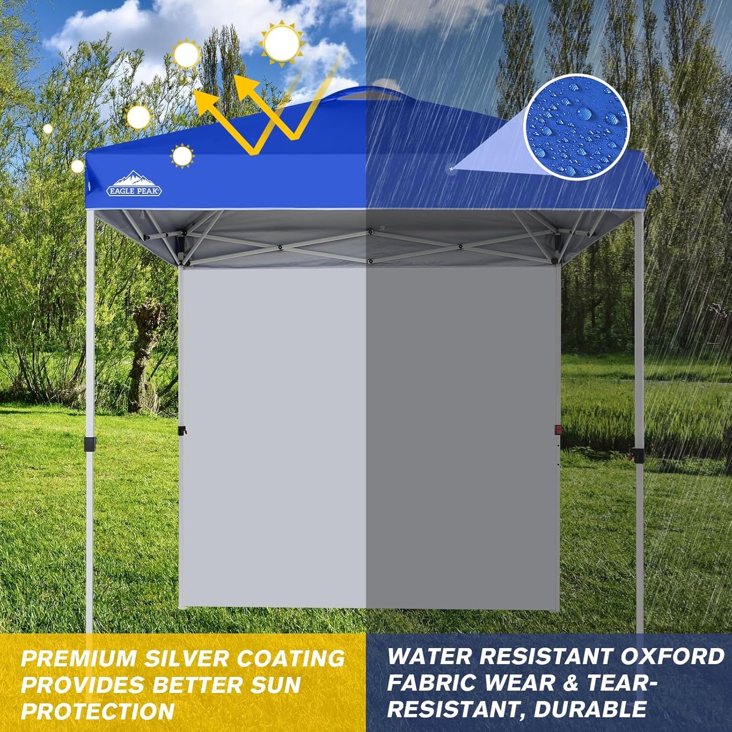 EAGLE PEAK Pop Up Canopy Tent with 1 Sidewall, Easy Setup Event Tent, Outdoor Sun Shade, Wheeled Carry Bag, Stakes and Guy Ropes, Instant Canopy 6.6x6.6, Blue