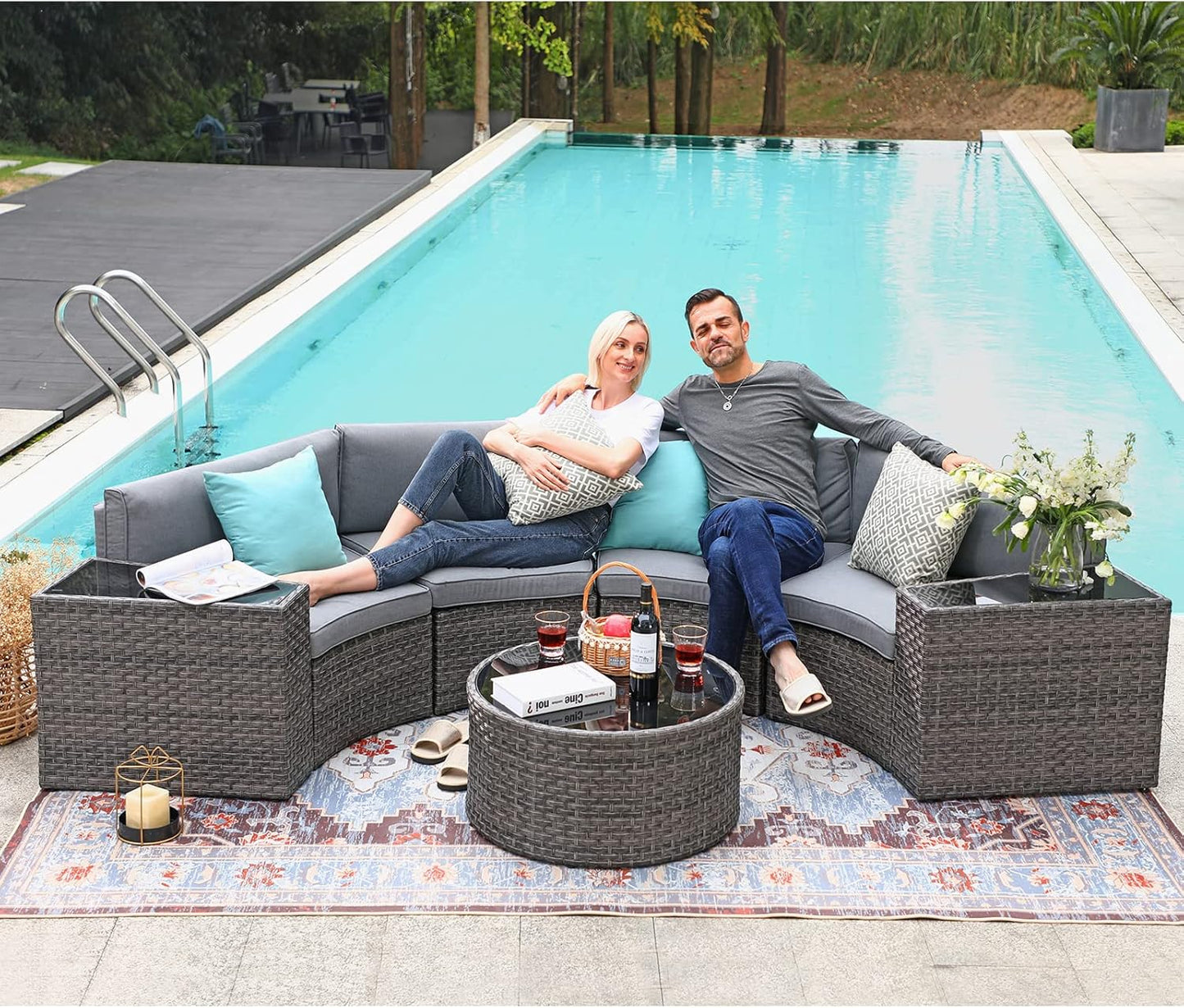 SUNSITT Outdoor Patio Furniture Sectional 7-Piece Half-Moon Curved Outdoor Sofa Set with Round Coffee Table, 4 Pillows & Waterproof Cover, Grey Rattan