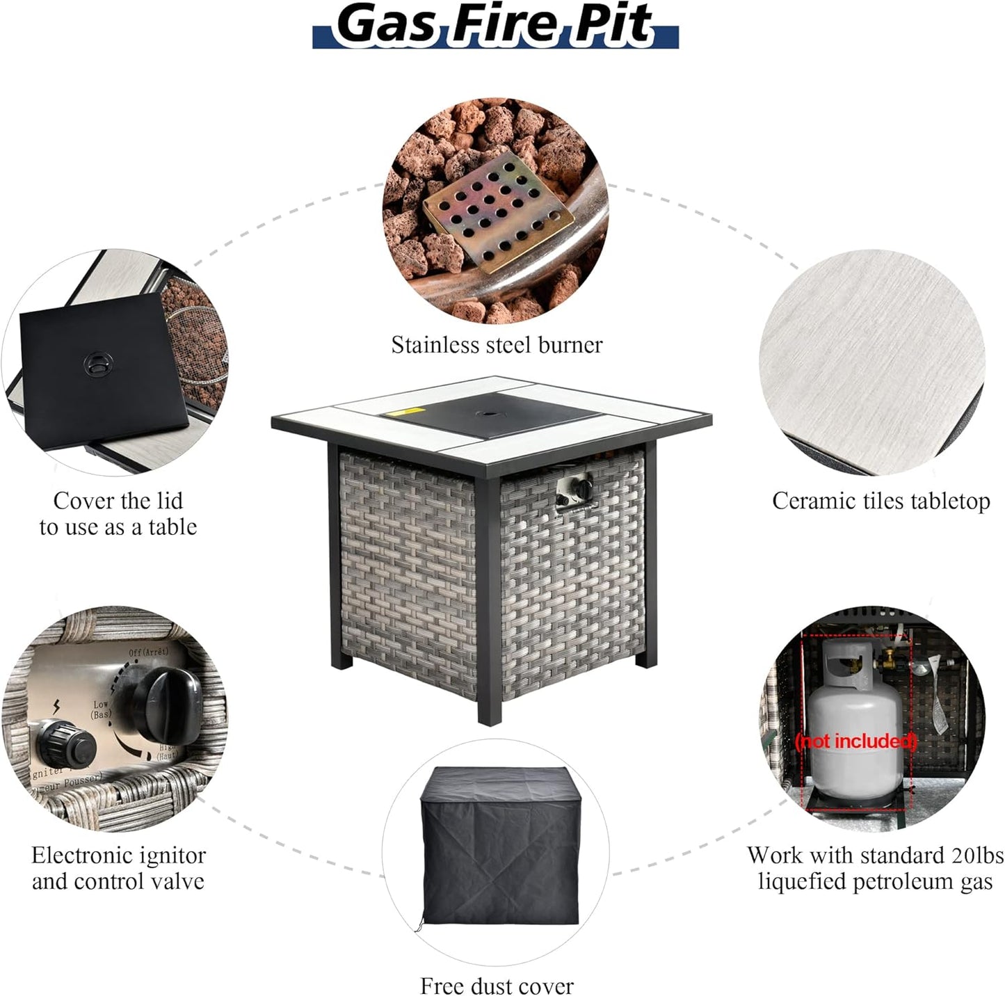 HOOOWOOO Modular Patio Outdoor Sectional Furniture Set with Gas Propane Fire Pit Table,7 Piece Wicker Conversation Sofa Set,Out Door Couch Set with Wide Arm Outside(Navy Blue)