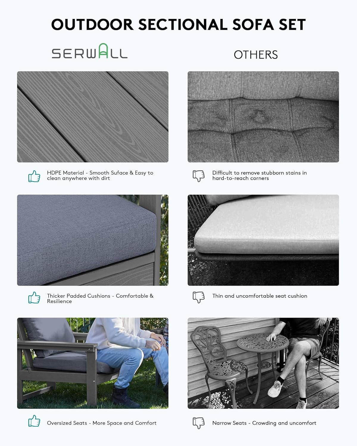 SERWALL HDPE Patio Sofa Set, 3-Piece Sectional Outdoor Furniture Set, All Weather Outdoor Couch Set Patio Furniture Set for Deck, Lawn, Grey Frame with Grey Cushion