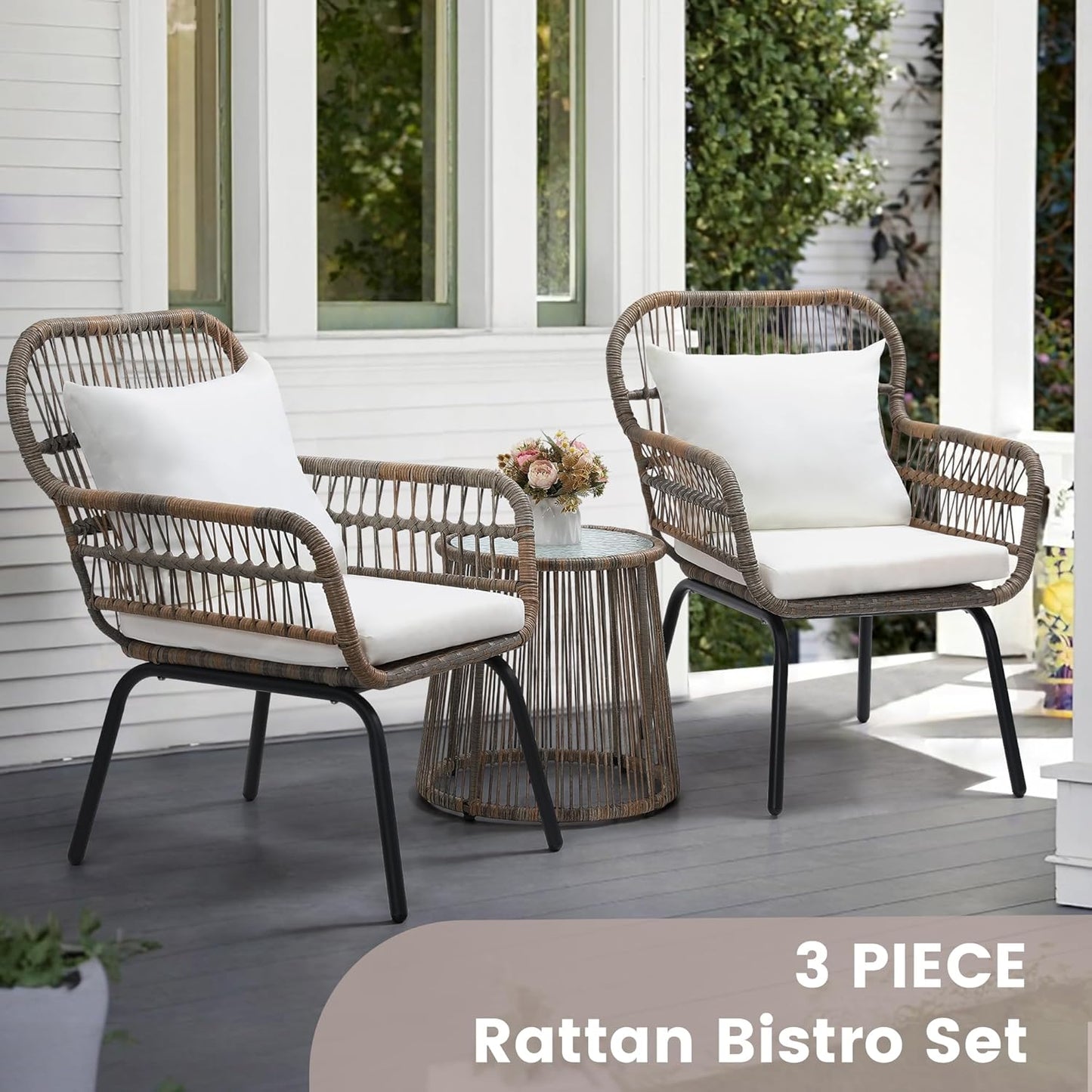 3 Pieces Rattan Wicker Bistro Set, Outdoor Conversation Set, Wicker Furniture Set with Glass Top Table, Space Saving for Balcony, Backyard, Natural