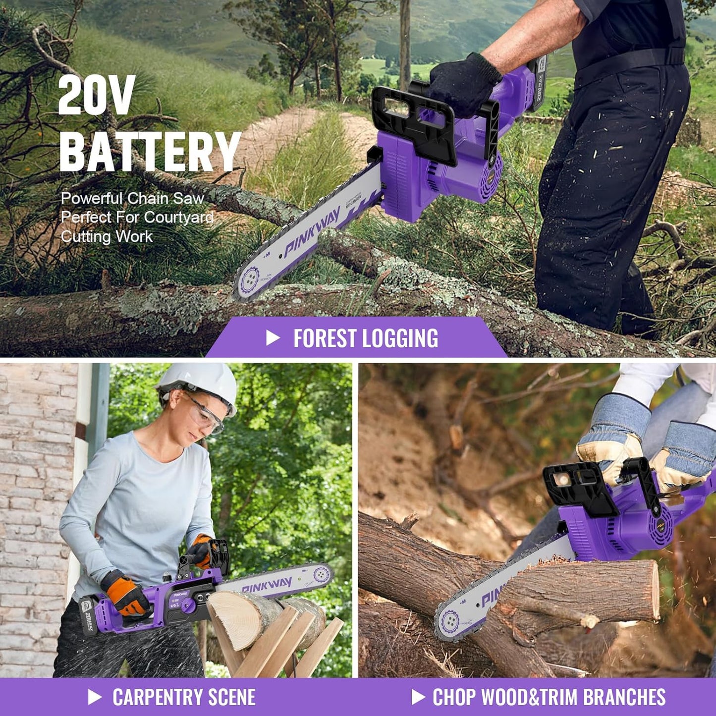 Brushless 12-Inch Electric Chainsaw Cordless，20V Battery Power Chain Saw with 4.0Ah Battery and Charger, Mini Chainsaw Cordless Portable Compact Saw Handheld for Wood Cutting，Purple