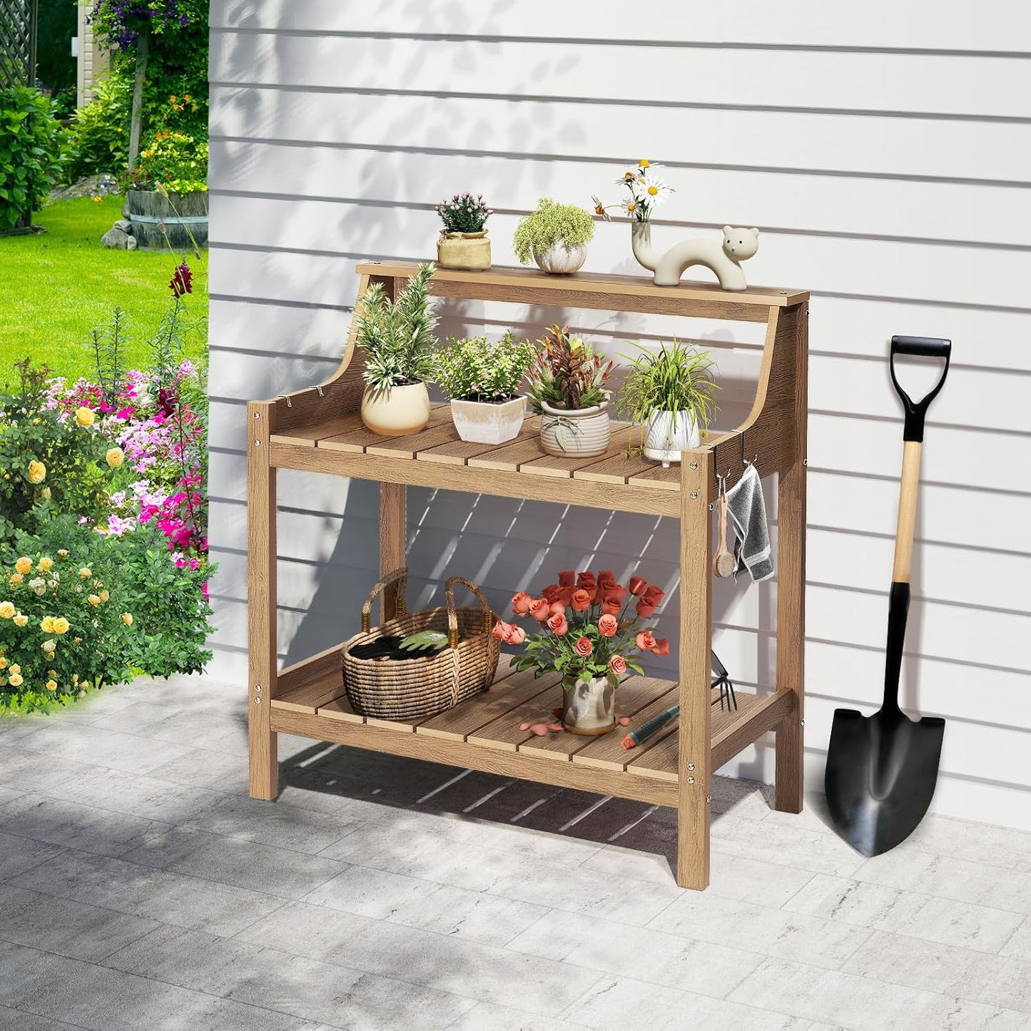 Potting Bench Table, HDPS Potting Bench with 4 Side Hooks, All-Weather Garden Table Work Station, Outdoor Potting Table for Porch, No Rust, No Fade, No Break, 360lbs Capacity (Teak, Large)