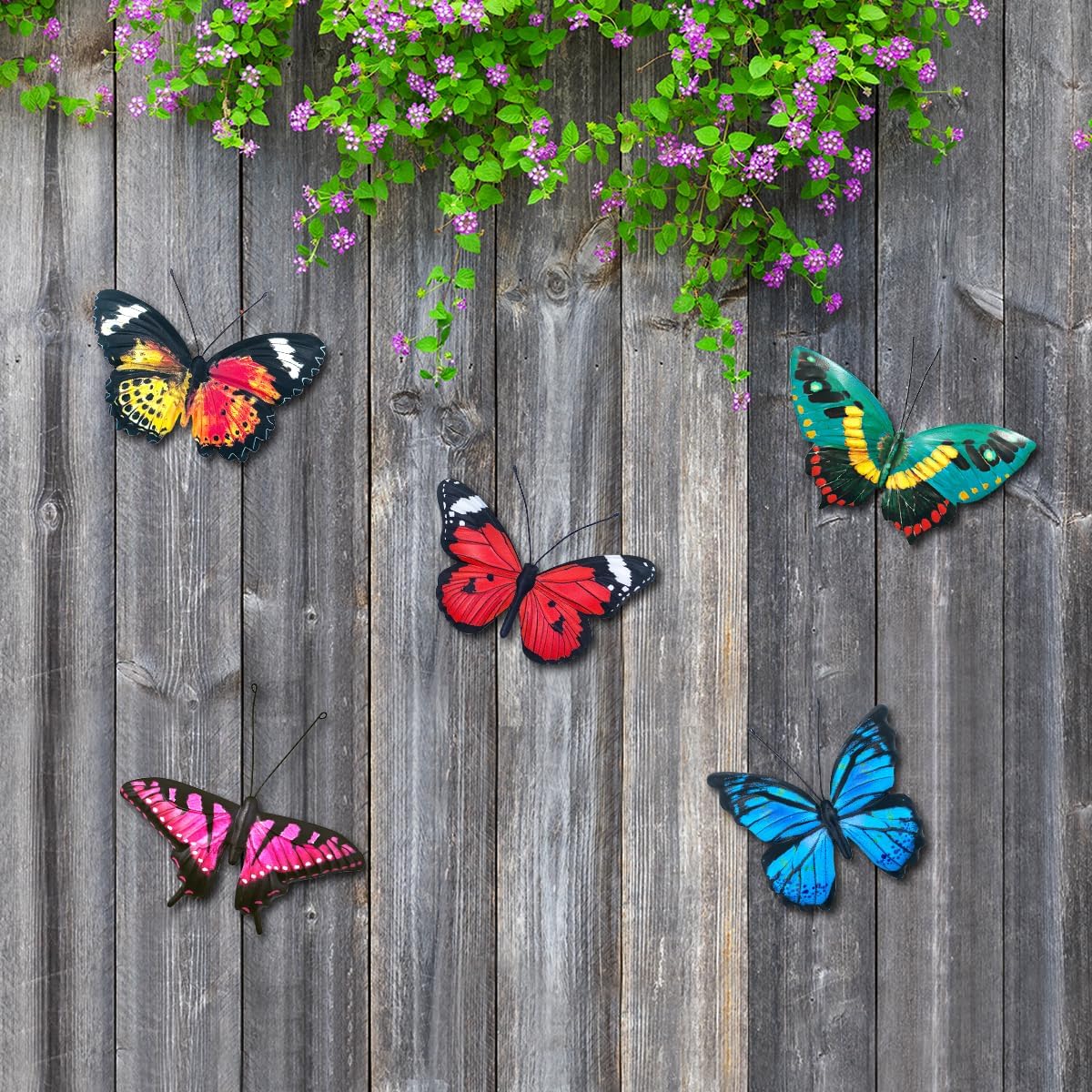 EOORAU Metal Butterfly Wall Decor - 5 Pack Lifelike Butterflies Wall Art Sculpture Hanging Decorations for Indoor or Outdoor, Yard Patio Fence Garden Decorations