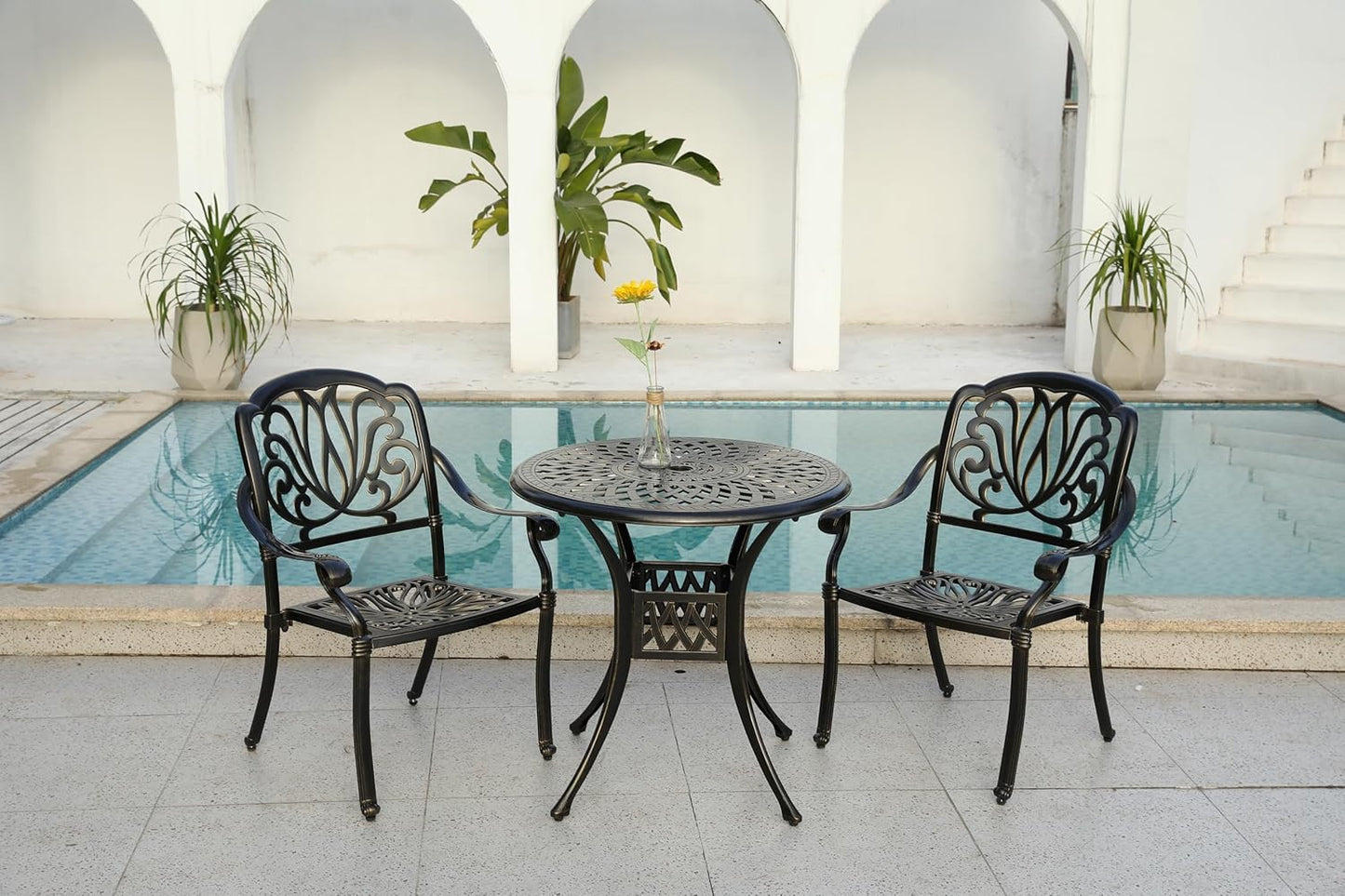 Cast Aluminum Outdoor Patio Dining Set, All Weather Outdoor Furniture Dining Set for Patio, Balcony, Lawn, Garden, Backyard (1 Round Table+2 Dining Chairs)