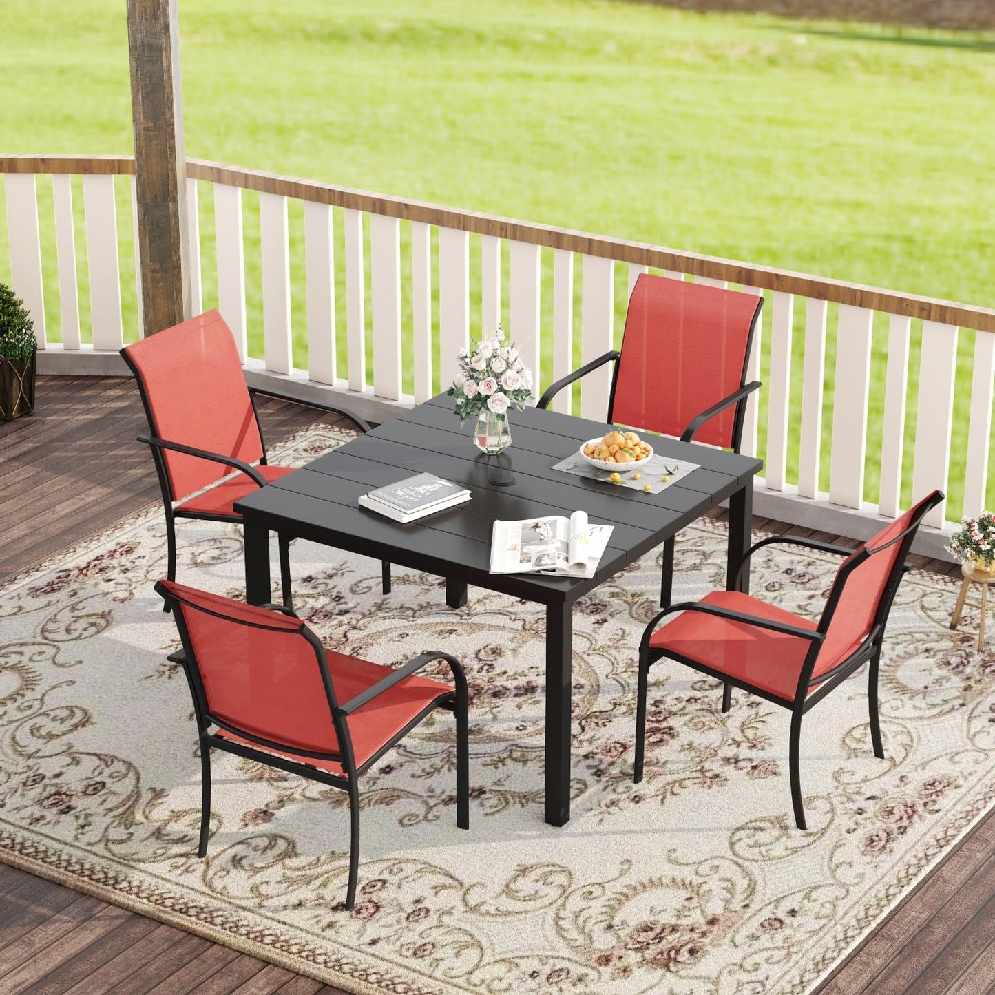 VICLLAX Patio Dining Set for 4, Outdoor Furniture Set Includes 1 Square Patio Table and 4 Stacking Patio Sling Chairs, Black Tabletop and Red Fabric