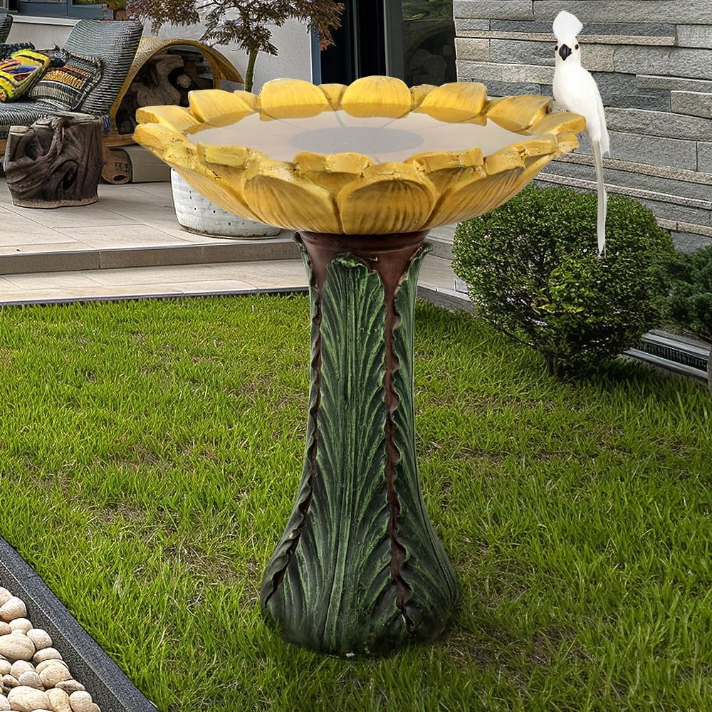 SKYFIRE 24.4” Tall Outdoor Concrete Bird Bath - Sunflower Birdbath Bowl with Green Leaf Pedestal for Garden, Patio, Lawn, Backyard,Outdoor Decor -20”Dia. X 24.4”H Garden Decor Statue Flower Birdbaths