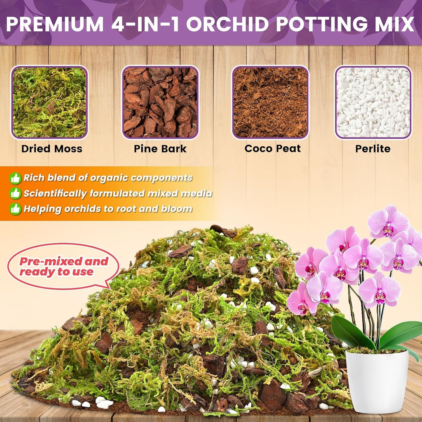 Legigo 6 QT Orchid Potting Mix- Natural Orchid Soil Mix for Repotting with Moss, Pine Bark, Coco Peat and Perlite, Enhanced Drainage Orchid Bark Potting Mix Repotting Kit for Indoor Plant Growth