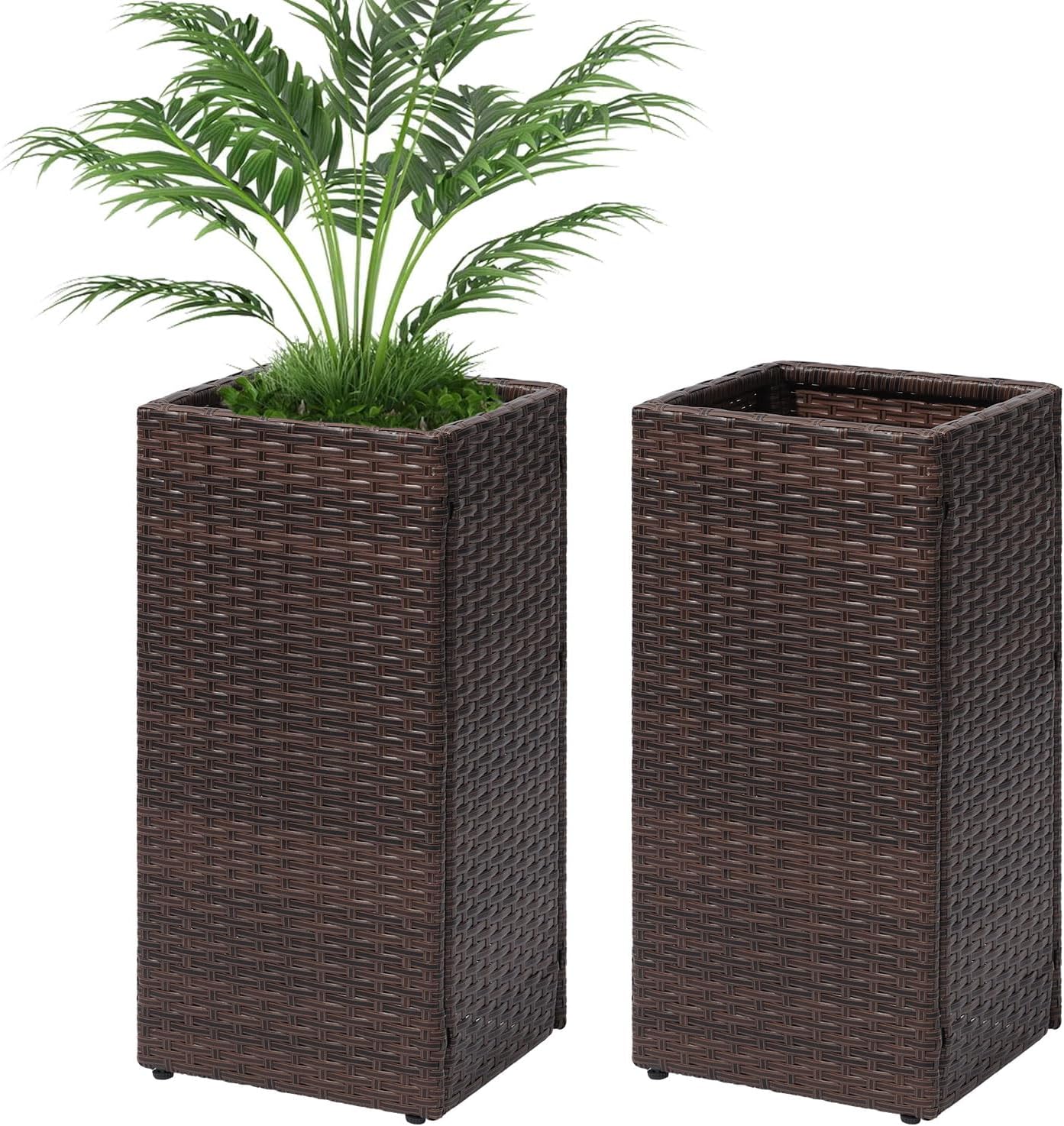 LEWIS&WAYNE Set of 2 Tall Planters for Outdoor Plants Handmade 24'' Wicker Tall Square Planter Box with Removable Liners Modern Planter for Indoor Outdoor Garden Patio Front Porch - Brown