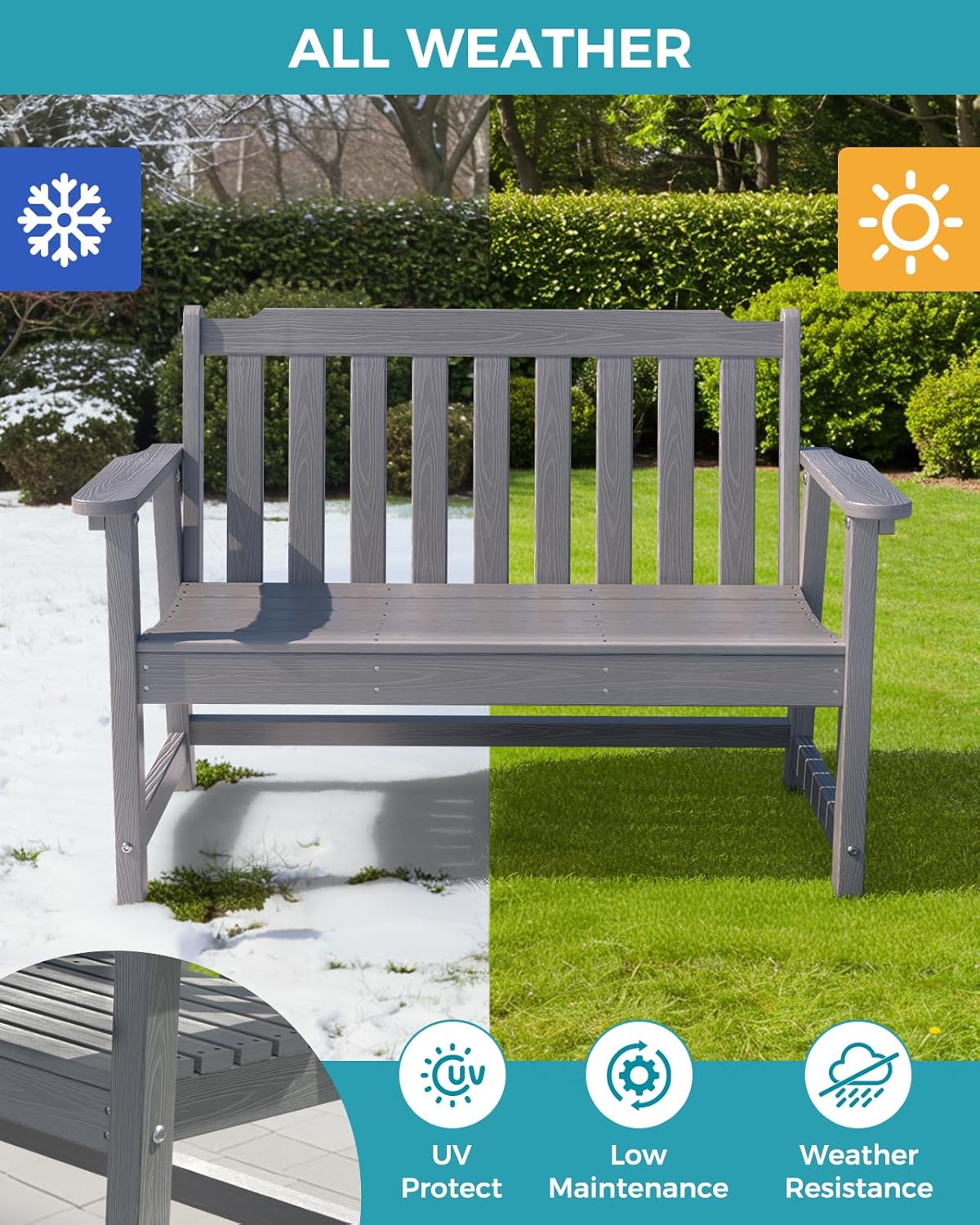 Outdoor Bench, 2-Person HDPE Garden Bench, All Weather Poly Patio Bench for Outdoors, Garden, Backyard, Porch and Park, 660 lbs Weight Capacity, Grey