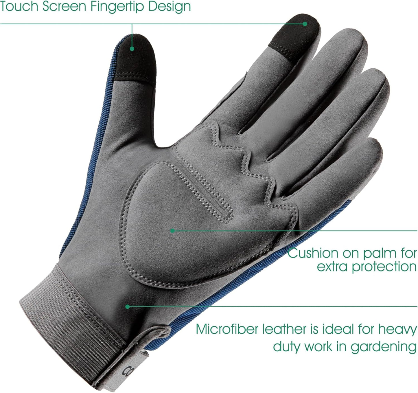 COOLJOB Thorn Proof Garden Gloves with Touchscreen Fingers for Men, Rose Pruning Work Gloves with Palm Cushion for Gardener, Farmer and Landscaper (Navy 1 Pair Large)