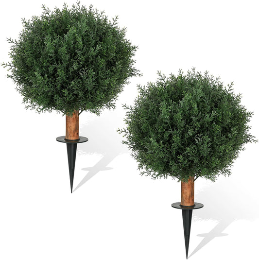 Artificial Cedar Topiary Ball Trees with Ground Spike Set of 2, 24.6 inch UV-Resistant Faux Shrubs for Indoor/Outdoor Decor – Fake Cypress Perfect for Garden, Porch, and Patio
