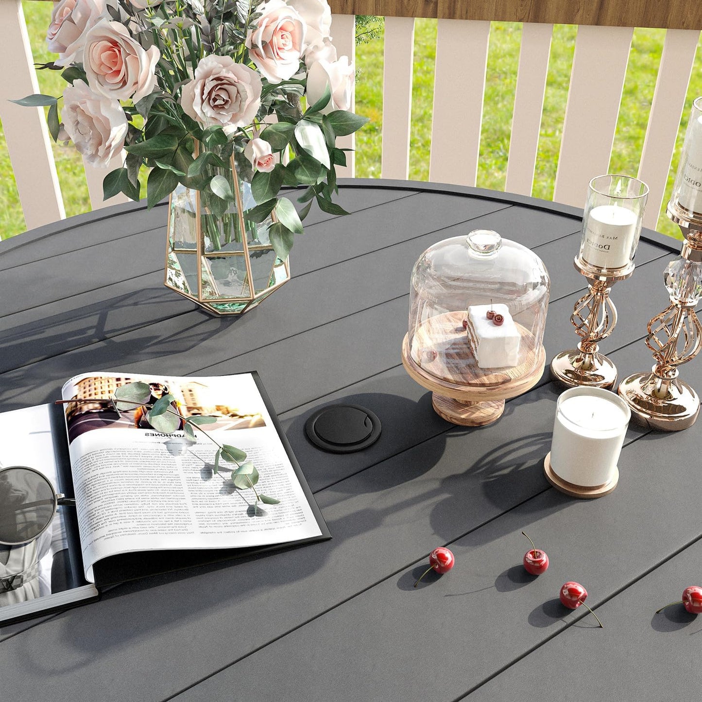 VICLLAX Patio Dining Set for 8, Outdoor Furniture Set Includes 53" Round Patio Table and 8 Patio Sling Chairs, Grey Tabletop and Grey Fabric