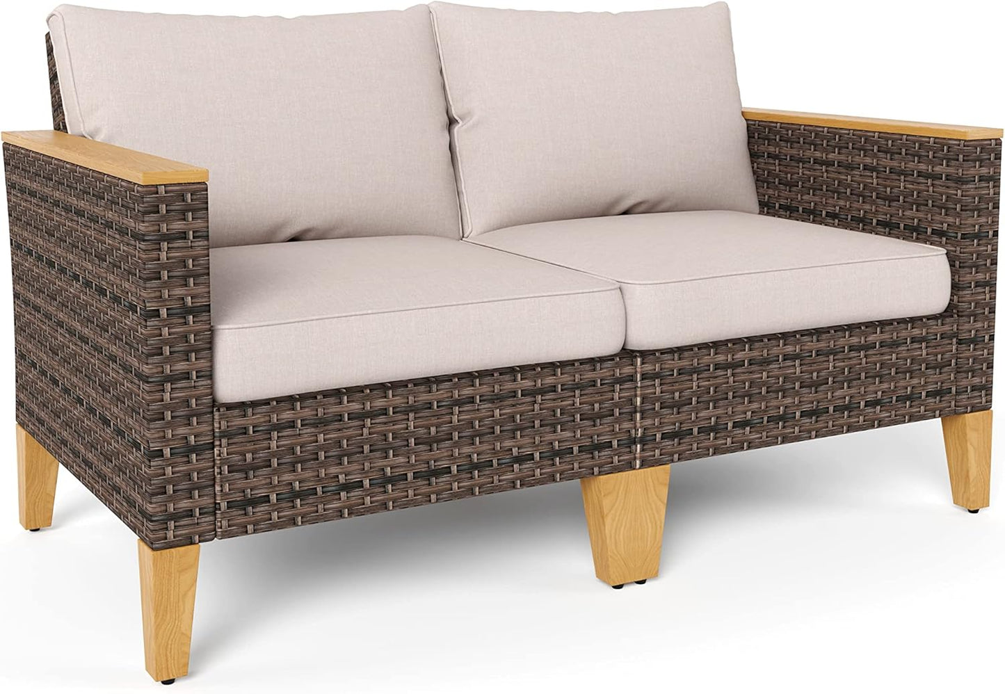 Sophia & William Outdoor Patio Furniture Set High Back Wicker Sofa Chairs All-Weather Patio Conversation Set Couch with Clips & 4" Thick Cushions, Beige