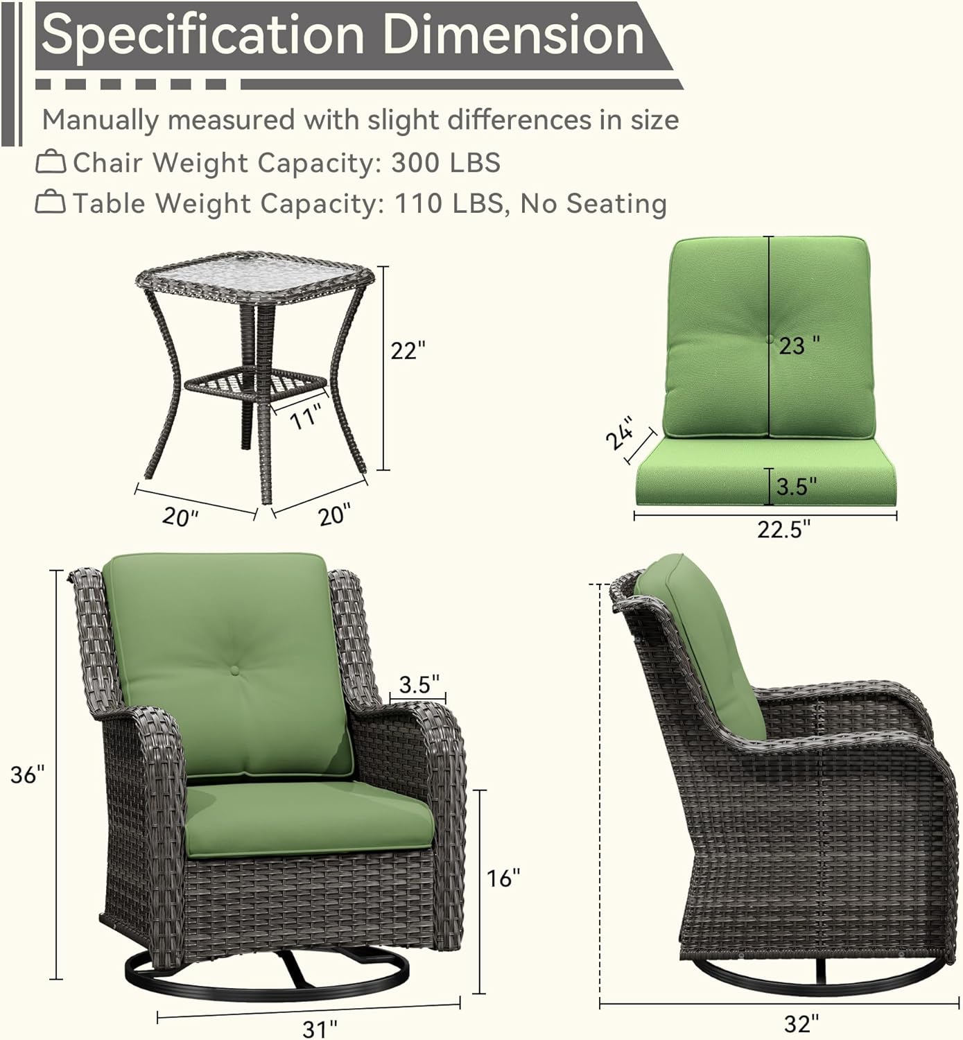 2 Pieces Outdoor Swivel Rocker Patio Chairs Set - Outdoor Wicker Patio Conversation Sets with 1 Side Table, Olefin Fabric Cushions Suitable for Backyard Deck and Porch, Green