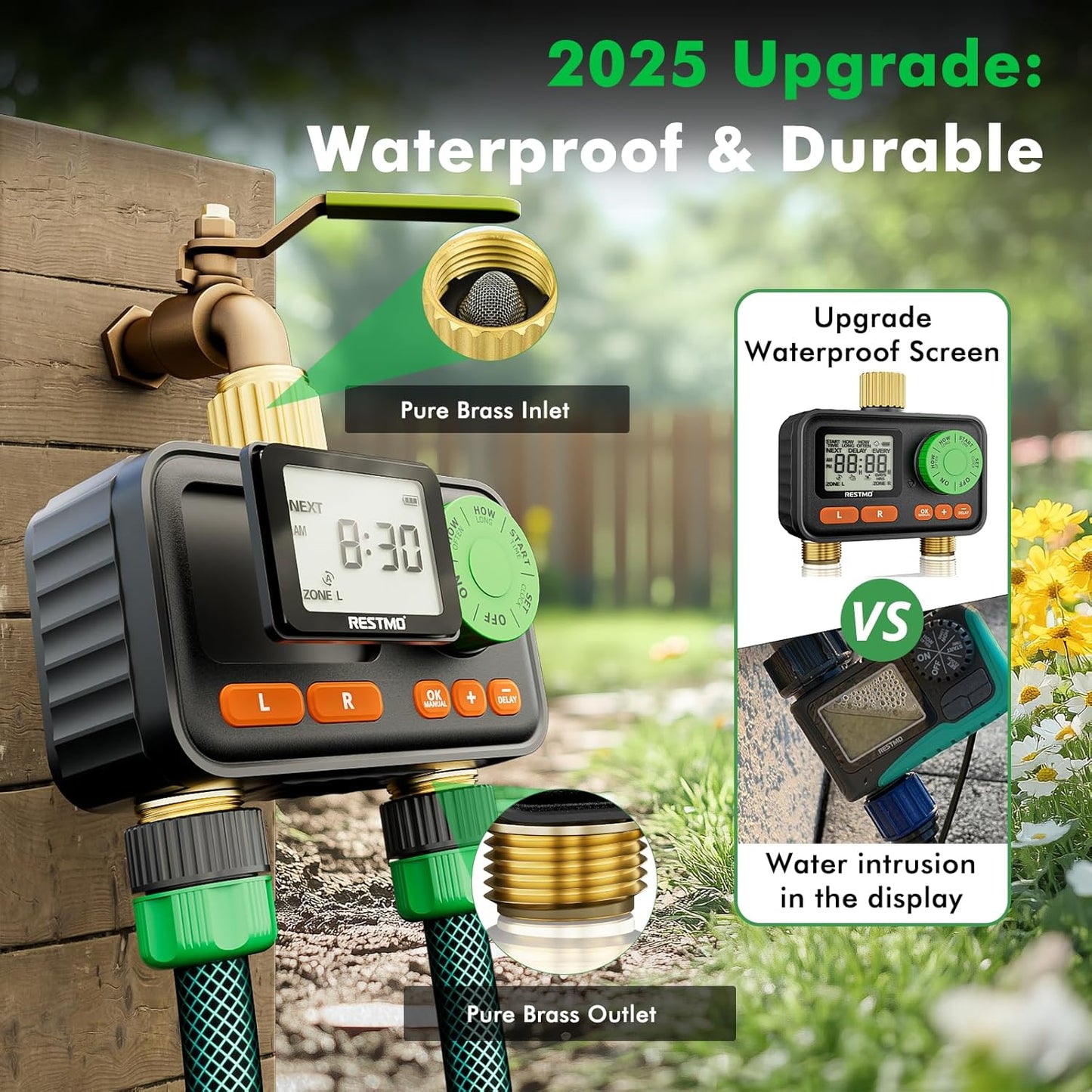 RESTMO RF Remote Controlled Sprinkler Timer with Brass Inlet & Outlet, Water Timer for Garden Hose, Automatic/Manual/Rain Delay for Outdoor Faucet, Drip Irrigation and Lawn Watering, 2 Outlet