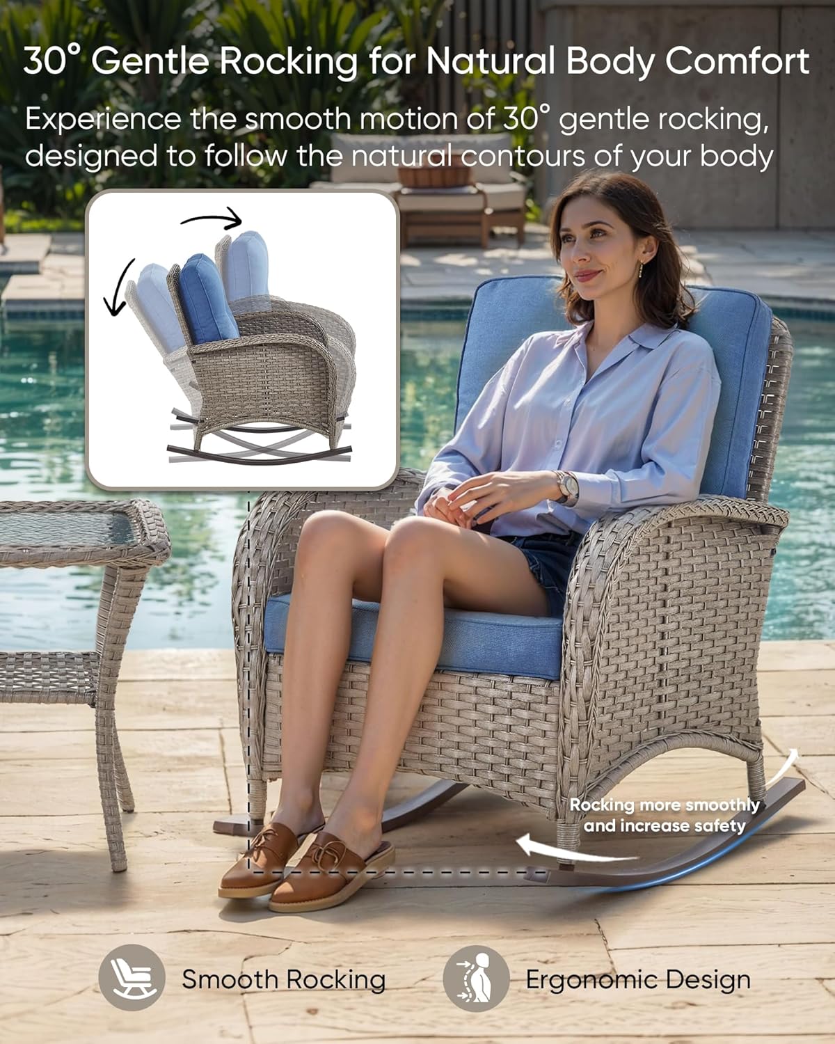 HUMMUH Outdoor Bistro Set-High Back Outdoor Rocking Chair with Side Table Patio Table and Chairs Set for Deck Lawn Porch Balcony Poolside-Grey/Blue