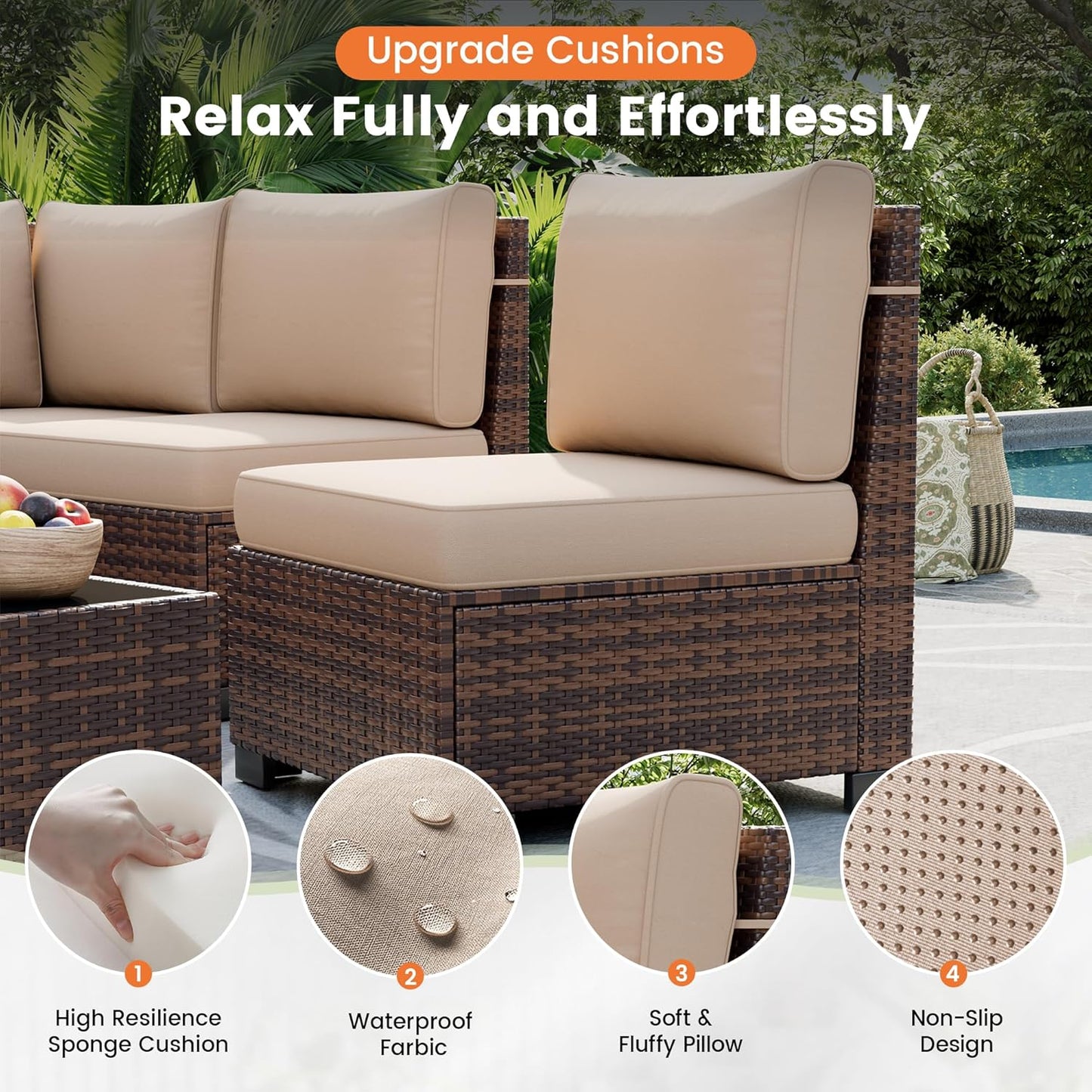 UDPATIO Patio Furniture Set with Fire Pit Table, 8 Inch Armrest Outdoor Sectional Sofa, Wicker Outdoor Furniture Conversation Sets with Waterproof Cover for Backyard Deck(Brown/Khaki)