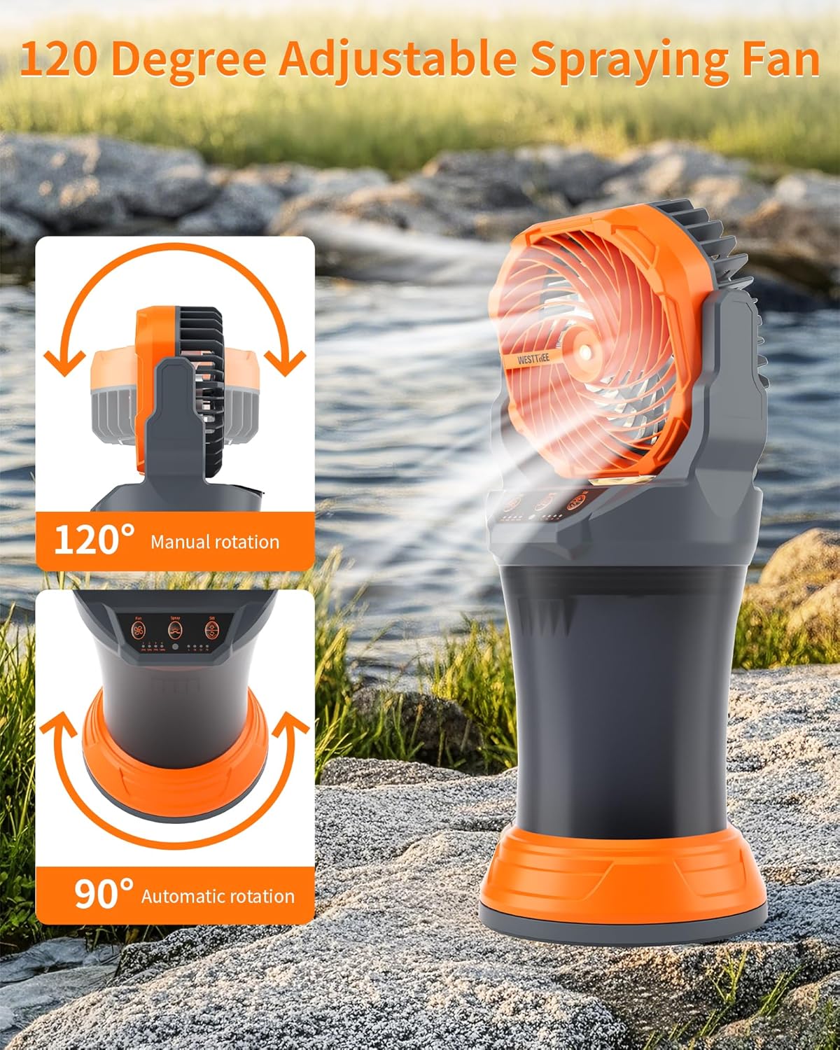 Portable Misting Fan with Larger Battery Fan-Rechargeable Outdoor Misting Cooling Fans with 2L Water Tank,RGB Lights,4 Speeds & Spray Modes-for Patio, Camping, Beach, Workshop (Gray-Orange)