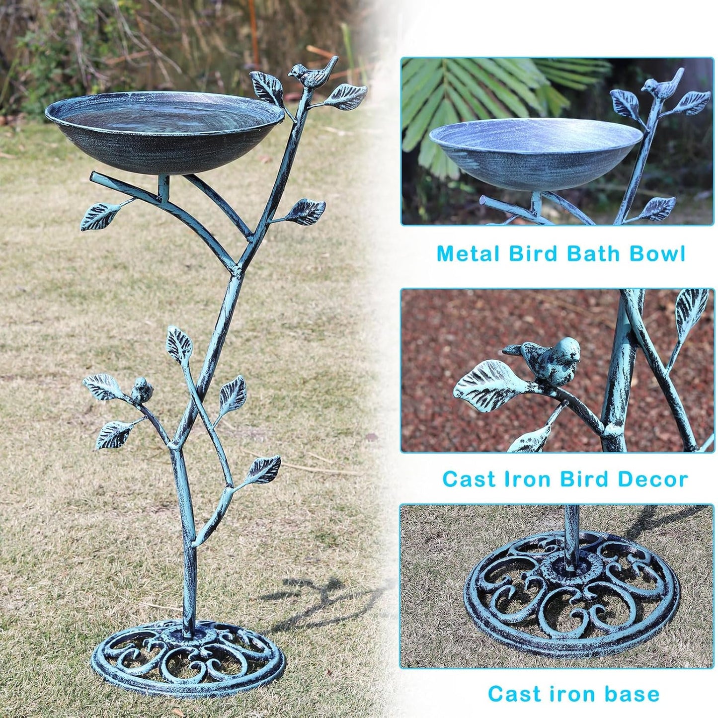 11.4" W x 31" H Cast Iron Pedestal Bird Bath, Birdbaths for Outdoors,Bird Bath for Outside,Vintage Metal Bird Bath Garden Yard Decor