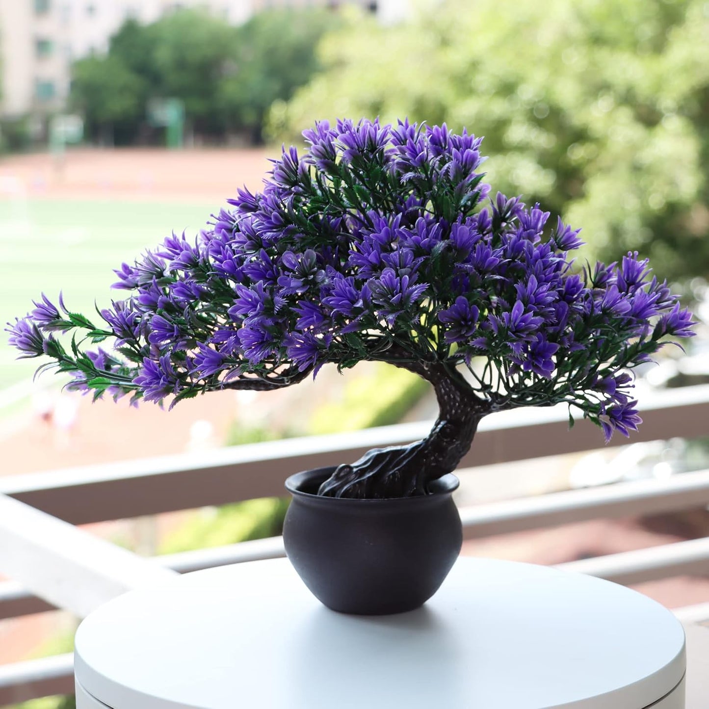 Fake Plants Plastic Artificial Bonsai Tree, Purple Room Decor Bonsai Tree for Home Bedroom Farmhouse Office Desk Decor, Tall 9.5"