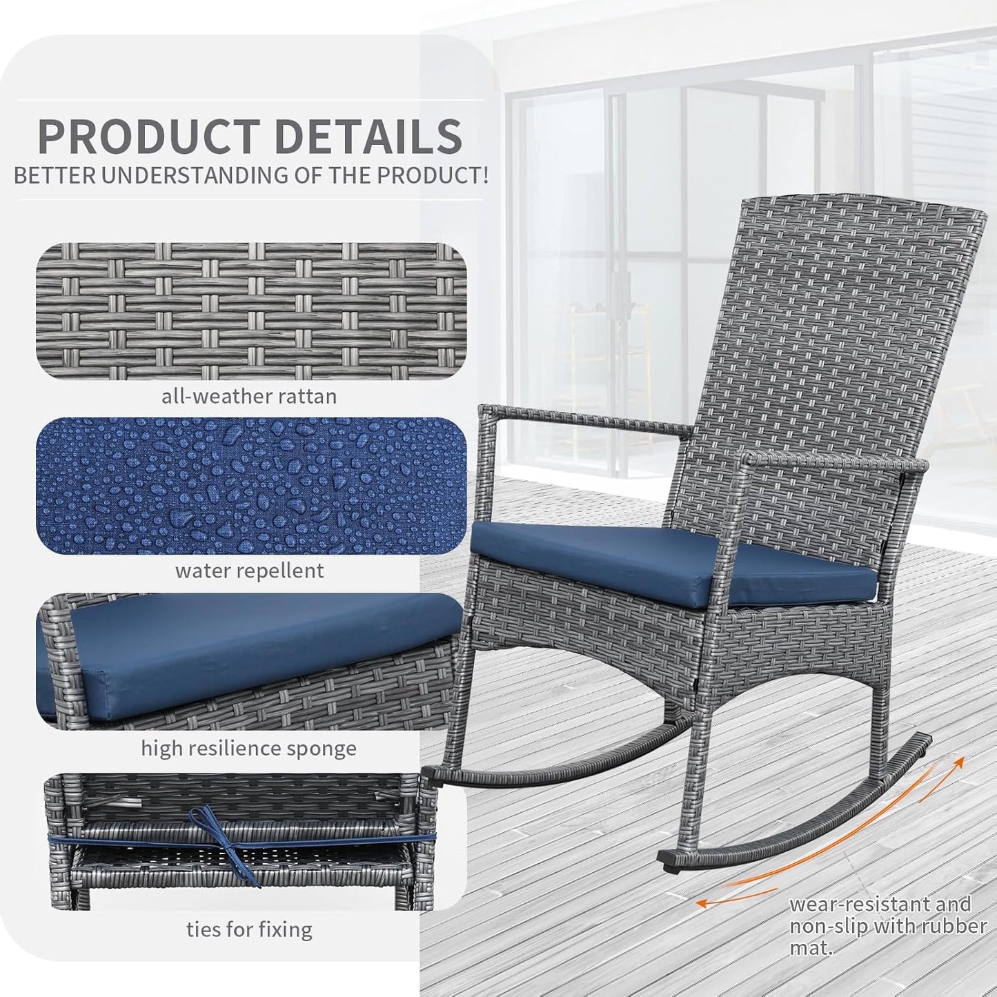 Rocking Chair Outdoor 3 Pieces High-Backed Patio Rocking Chairs Bistro Table and Chairs Set of 2, Navy Blue