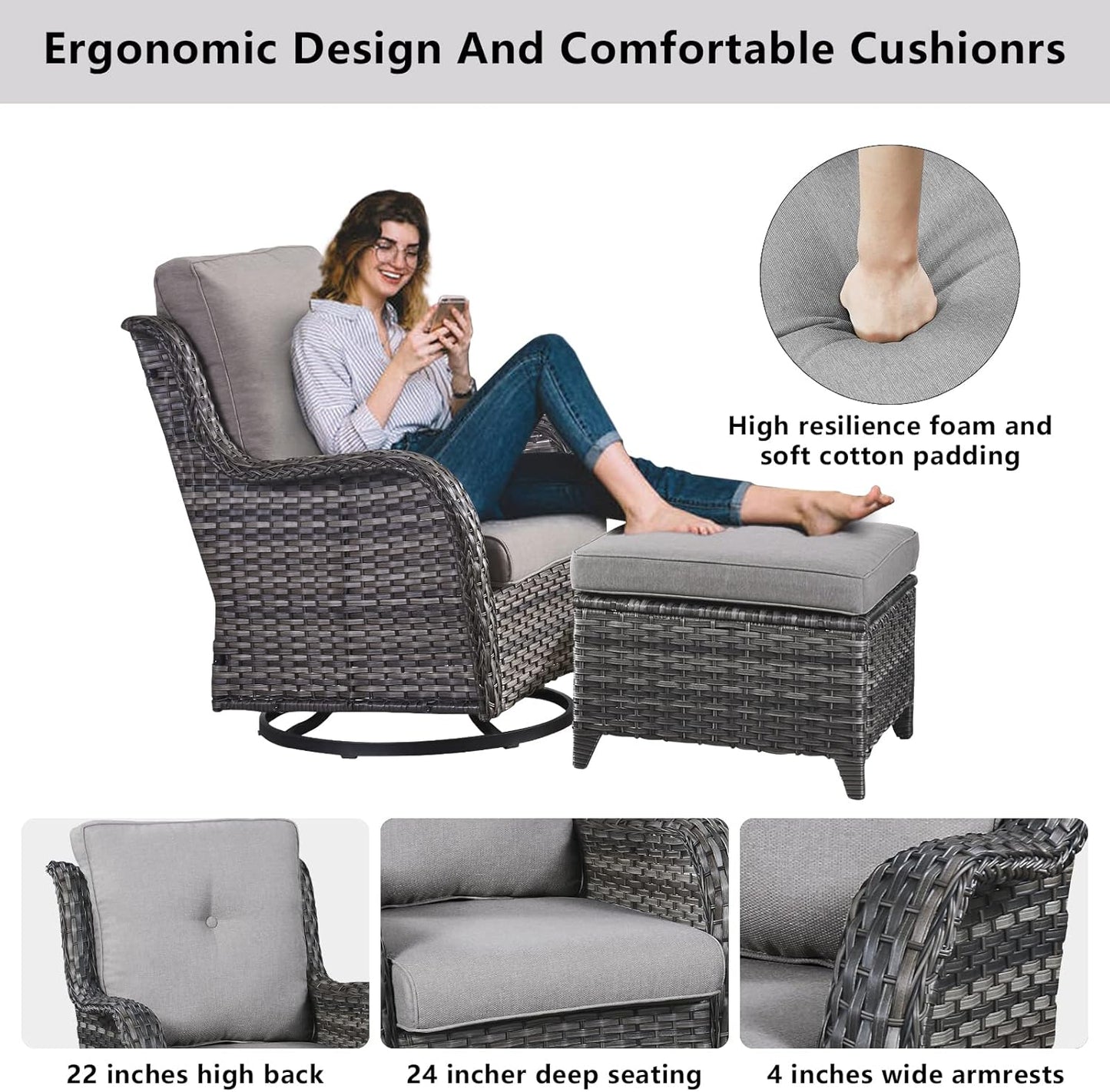 Wicker Patio Furniture Sets - 13 Piece Outdoor Rattan Furniture Conversation Sets with 4 Swivel Rocker Chairs, 2 Rattan Sofas, Wicker Ottomans and Coffee Table, Mixed Grey/Grey