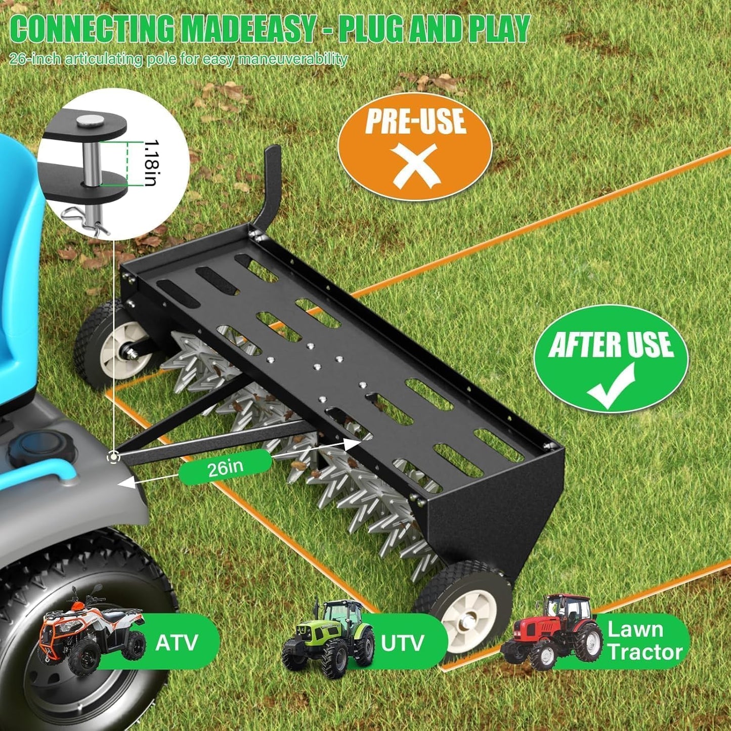 Doniks 40-Inch Tow Behind Plug Aerator with Transport Wheels, Lawn Aerator Tow Behind with Galvanised Steel Tines and Extra-Wide Tow Bar, Pull Behind Aerator for Gardens, Lawns, Farms