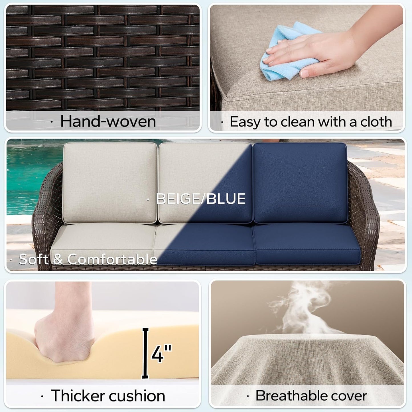 3 Pieces Outdoor Patio Conversation Set, 78" Couch, 2 Chairs, Rattan Wicker Conversation Furniture with Removable Cushions for Bistro, Deck (Beige)