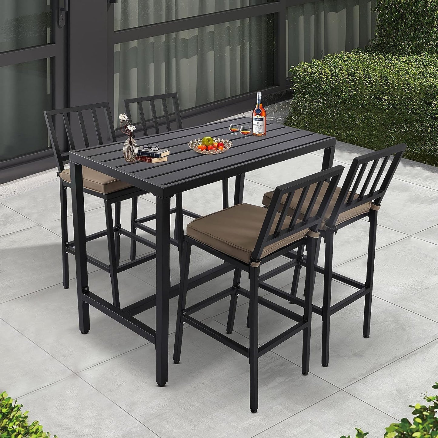 Outdoor Patio Bar Set, Bar Height Patio Dining Set, Weather-Resistant Bistro Counter Pub Set with Cushions & Slatted Tabletop for Backyard
