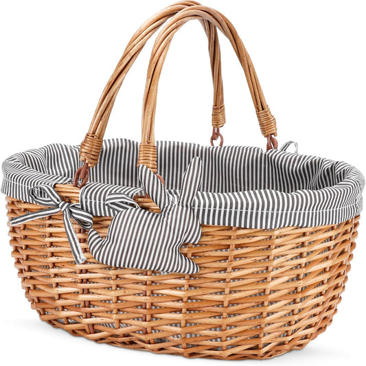 G GOOD GAIN Oval Picnic Basket with Folding Handles, Willow Hand Woven Shopping Basket, Bath Toy Kids Toy Storage Gift Packing Basket, Wicker Empty Easter Eggs and Candy Small Gift Basket. Grey