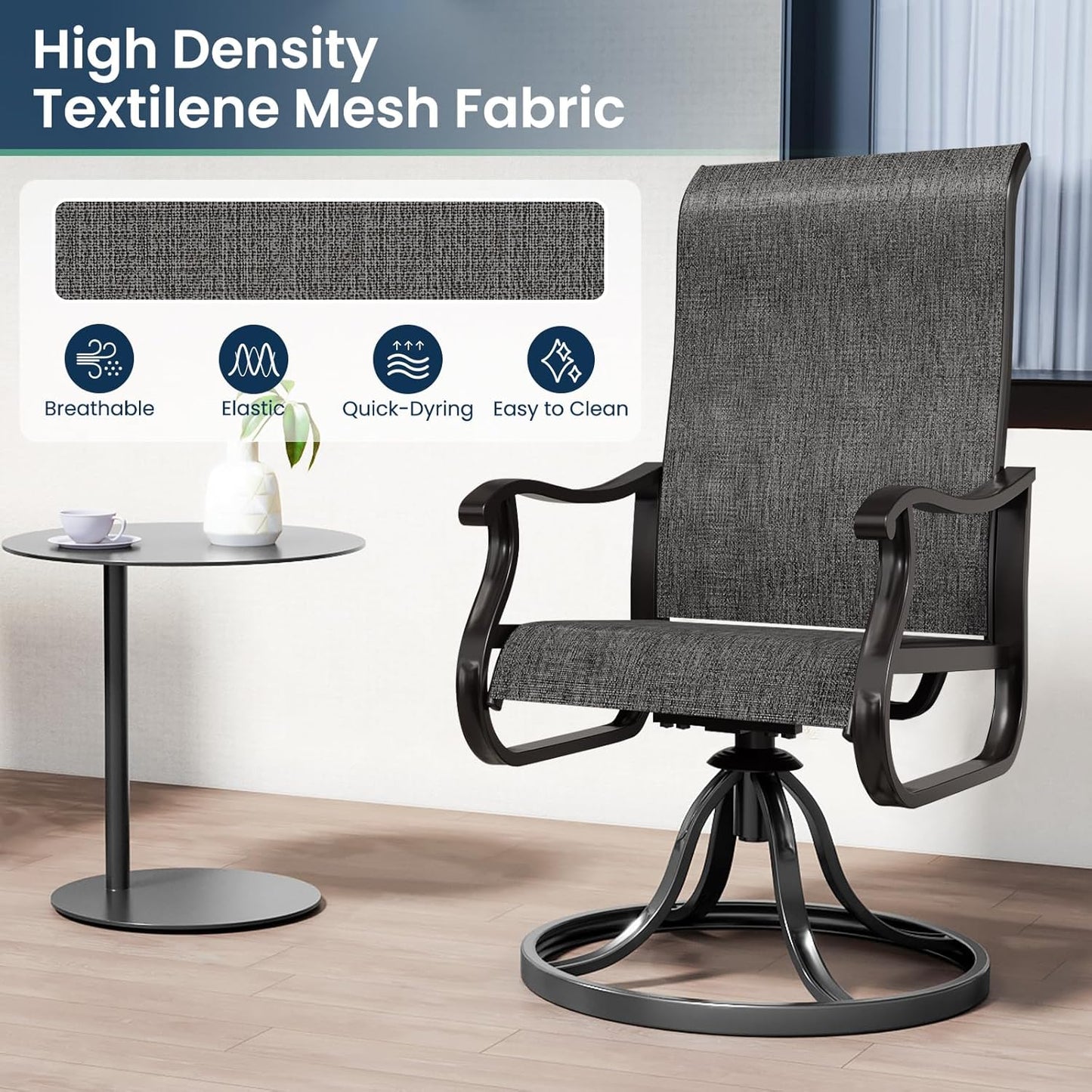 Amopatio Patio Swivel Chairs Set of 8, Outdoor Swivel Rocker Dining Chairs with All Weather Textilene High Back & Metal Frame, for Backyard Deck Lawn Garden, Dark Grey