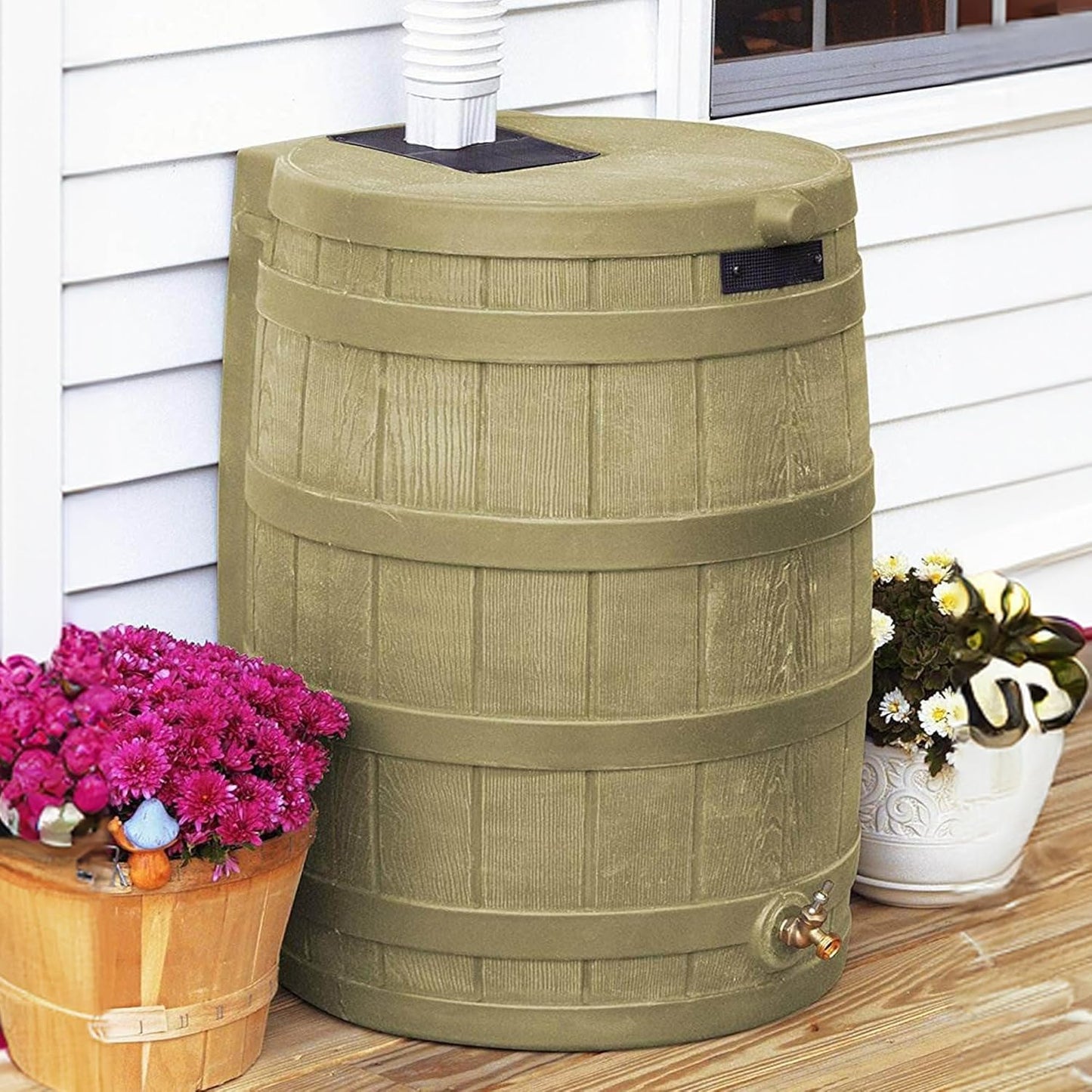 Good Ideas Rain Wizard 50 Gallon Plastic Rain Barrel Water Collector with Brass Spigot, Khaki (2 Pack)