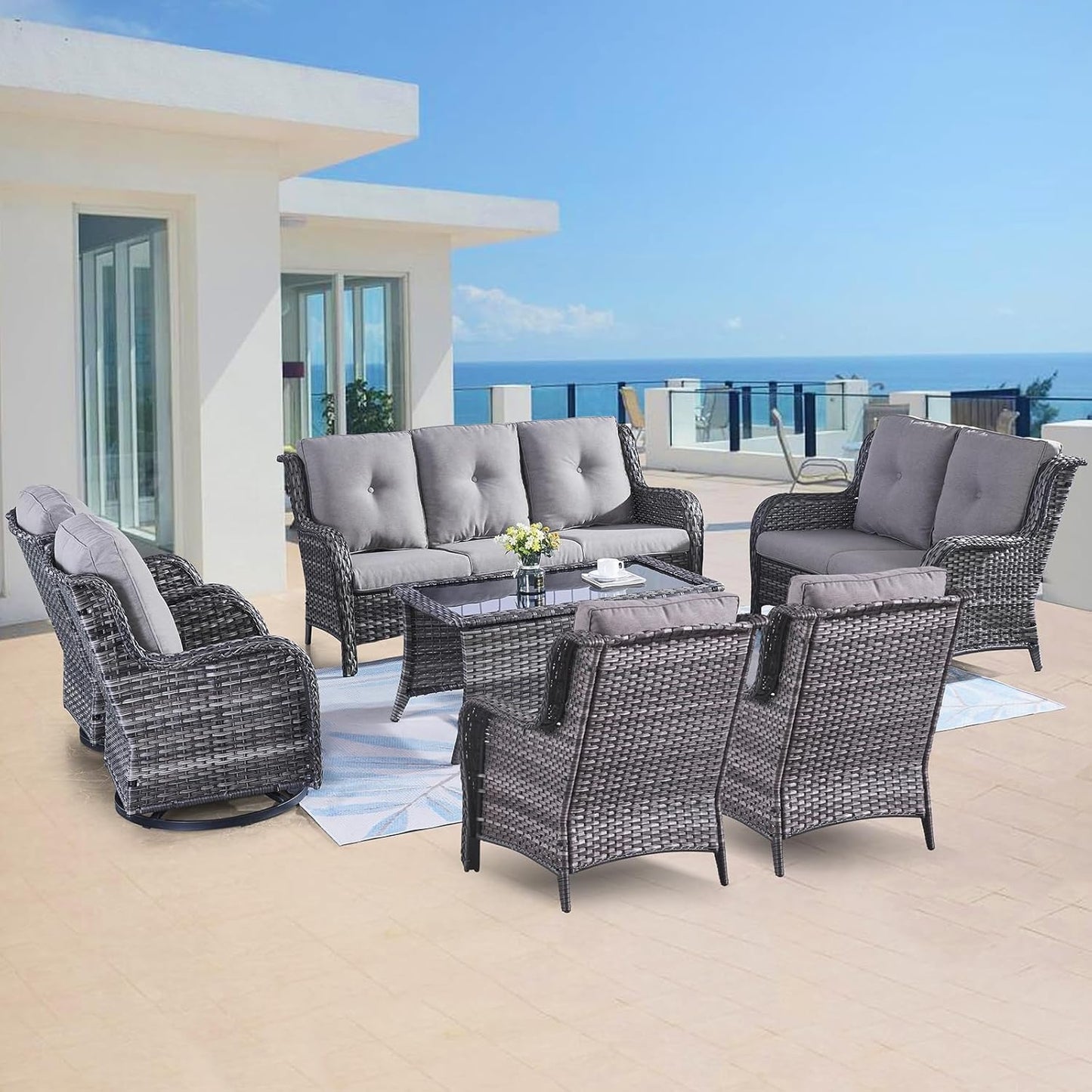 Outdoor Wicker Furniture Patio Set - 7 Piece Backyard Furniture Grey Rattan Conversation Sets with Swivel Rocker Chairs, Rattan Sofa, Club Chairs and Coffee Table, Grey Cushion