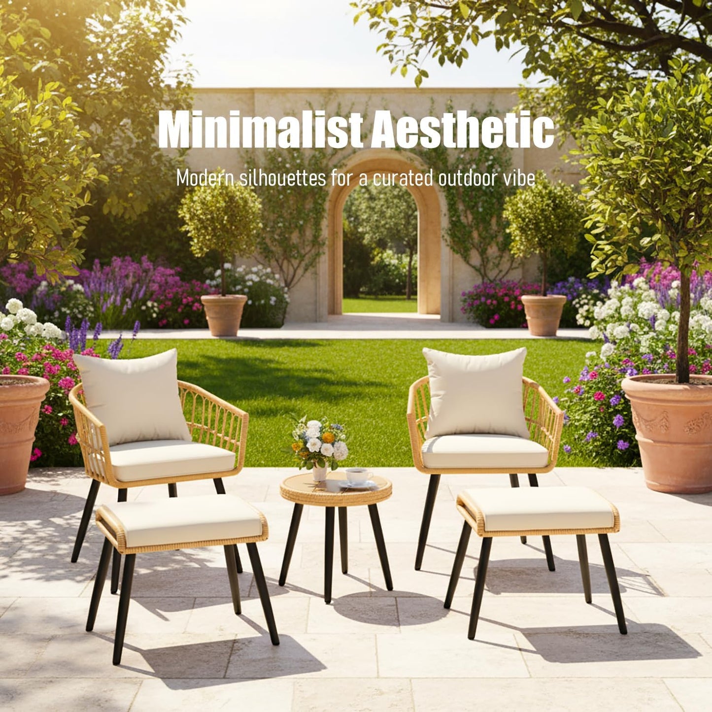 5 Piece Outdoor Bistro Set, Waterproof Patio Furniture Conversation Set, Patio Table and Chairs with Foot Rest, Small Outdoor Wicker Chairs for Porch, Backyard, Deck, Balcony