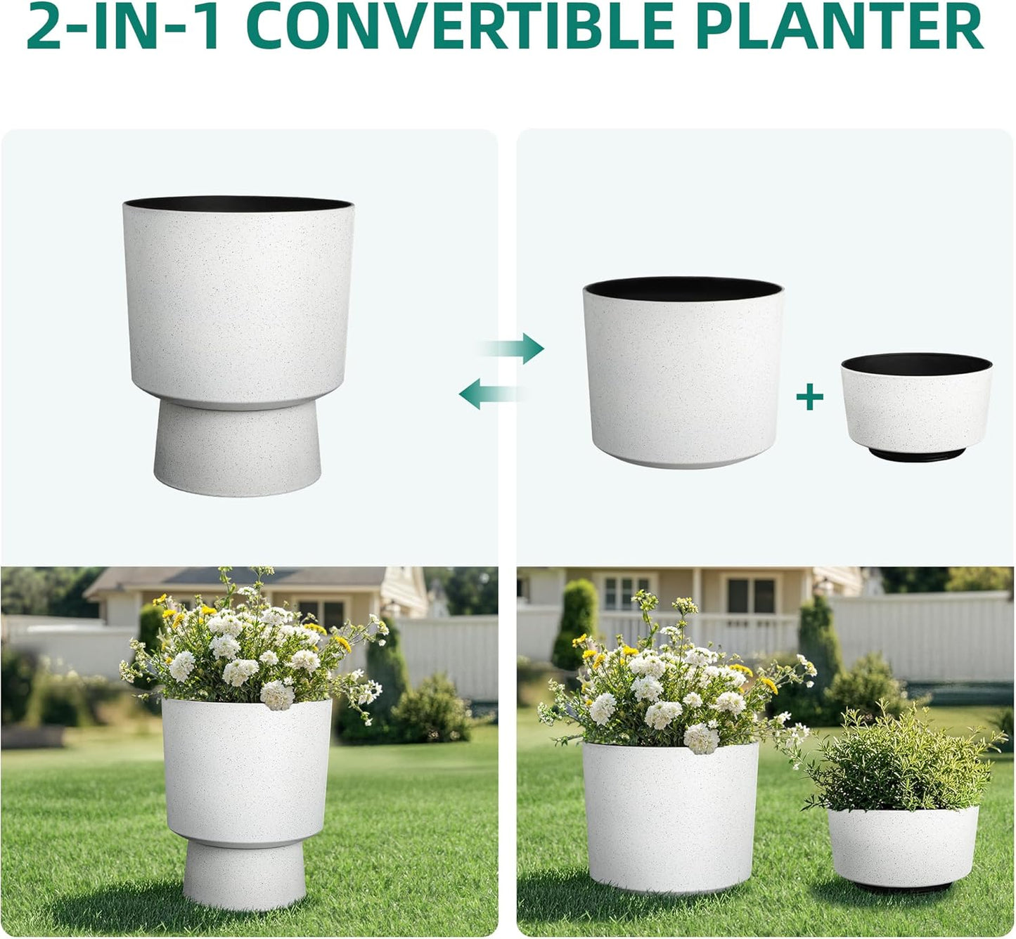 16.75"H Urn-Style Tall Planters, 2-Pack Modern Large Flower Pots for Outdoor Indoor, 2-in-1 Design Plant Containers for Garden Patio Yard Balcony Porch or Home Decor, White Terrazzo, UV-Protect