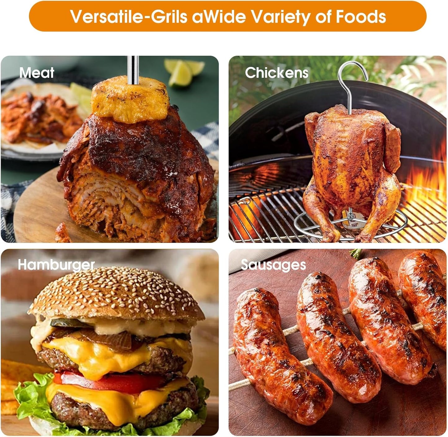 Fengzhe Stainless Removable Vertical Skewer Grill - Brazilian Barbecue Meat Spit Rack, with 1 Hook, 1 Spike, & 2 Brushes, Perfect for Grilling Steak, Whole Chickens, Whole Fish, Large Cuts of Meat.