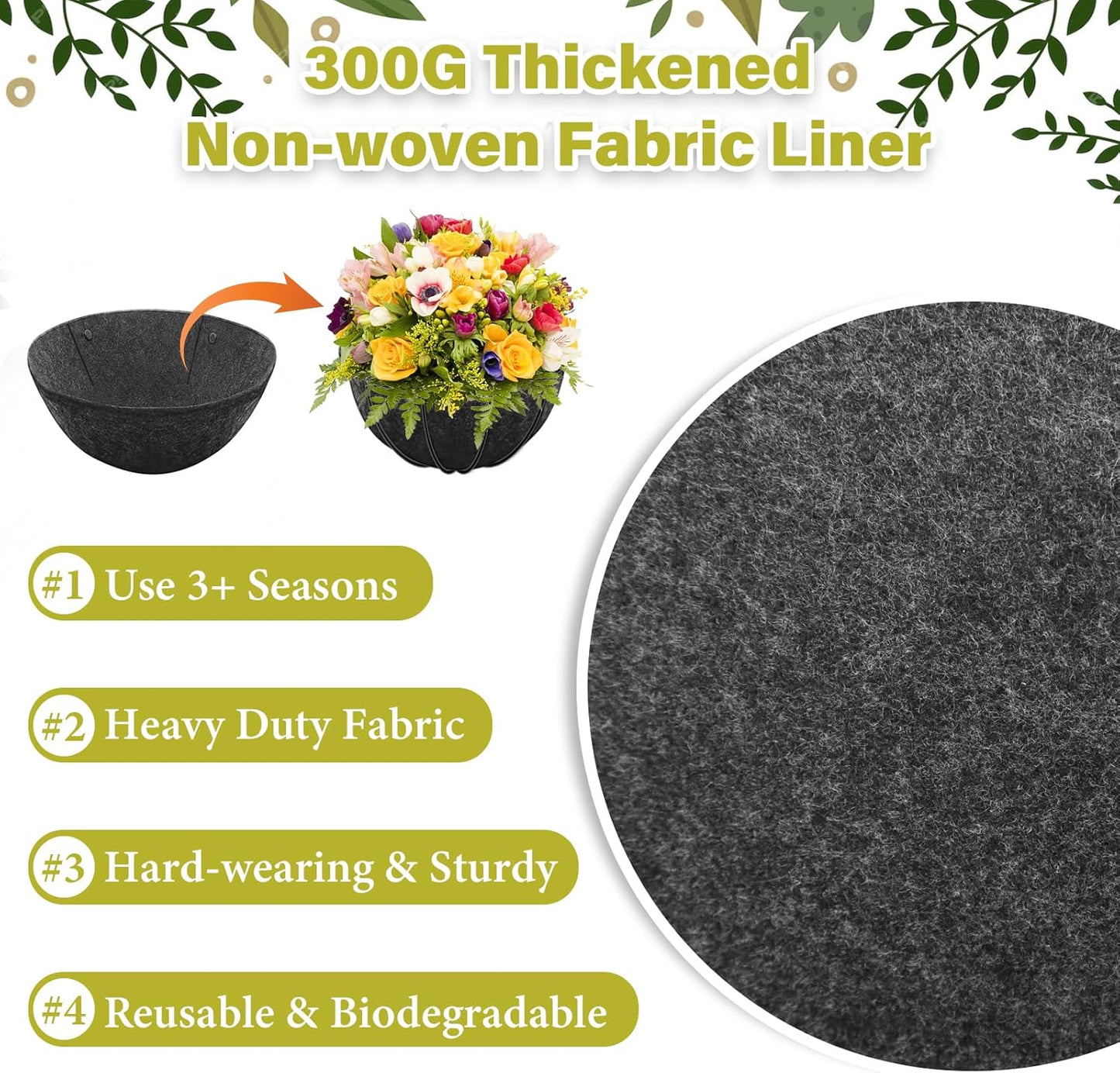 Riare 8 Pack 14 Inch Round Fabric Planter Basket Liner- Hanging Basket Liners Replacement Coco Fiber Liner Alternative for Hanging Basket Flowers (Prevent Birds from Nesting)