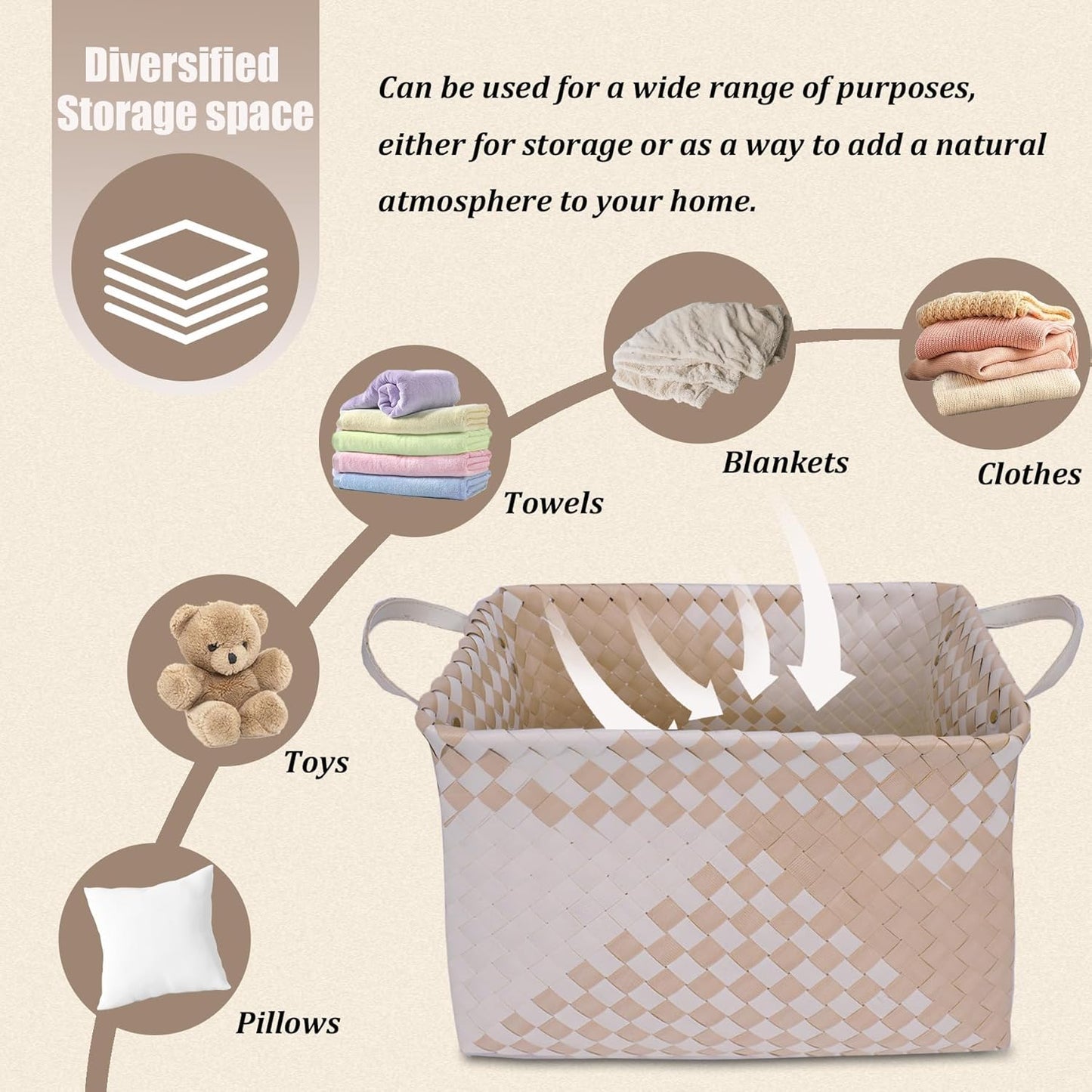 BROWNLILY Handwoven Clothes Basket Laundry Hampers Large Wicker Storage Baskets for Shelves Blankets Closet Storage Bins Car Bedroom Bathroom Organizers and Storage (Pack of 4, Khaki & Ivory White)