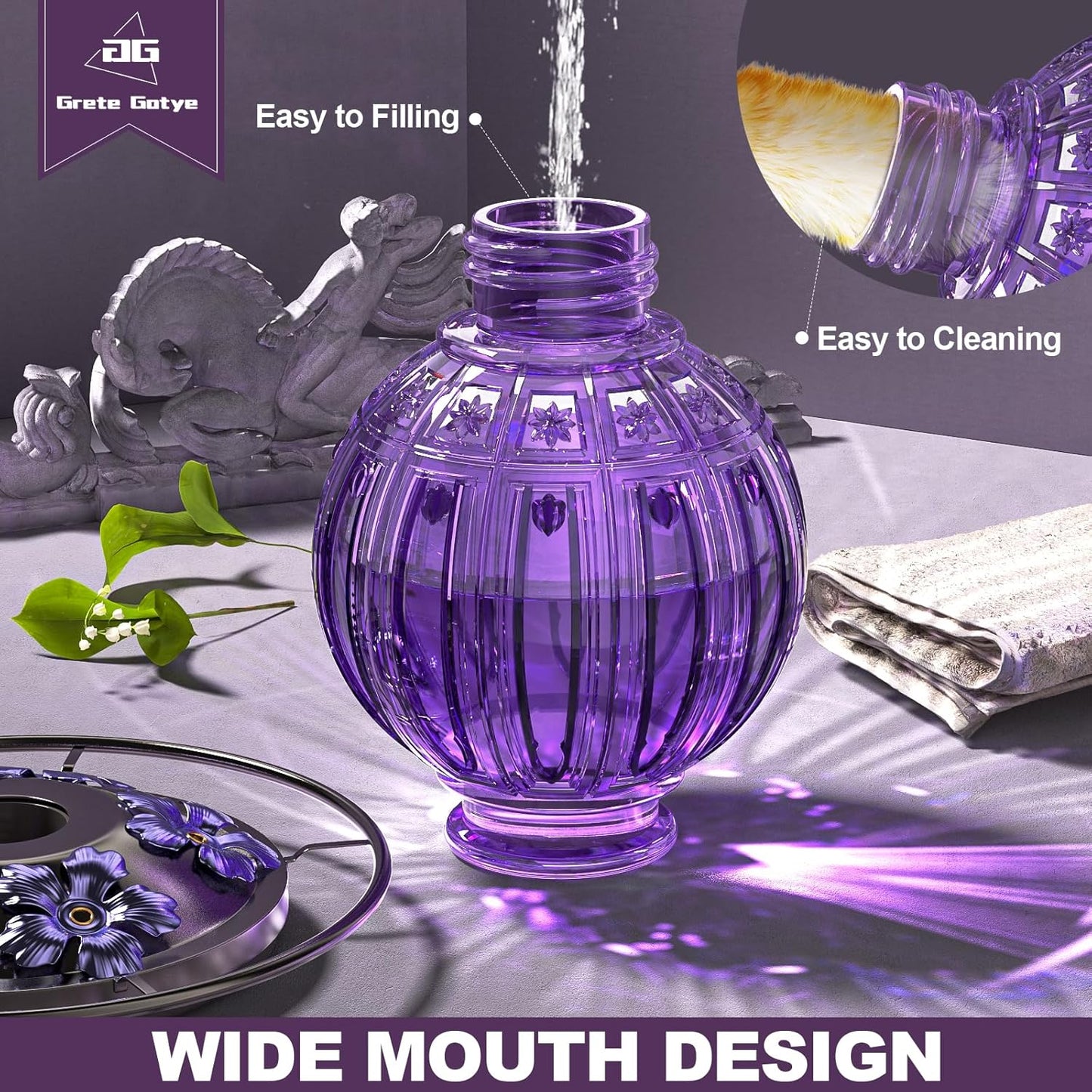 2 Pack Glass Hummingbird Feeder for Outdoors Hanging, Bird Nectar Feeder with Perch & 5 Flower Feeding Ports, 26 Oz Leak Proof for Outside Garden Decor Backyard, Gifts for Women Mom, Purple