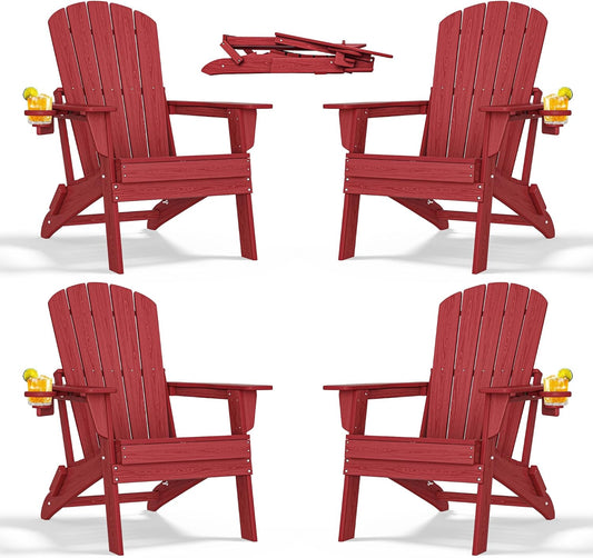 Folding Adirondack Chair with Cup Holder Set of 4, HDPE All-Weather Patio Chairs, Plastic Outdoor Chairs- Looks Exactly Like Real Wood- Red