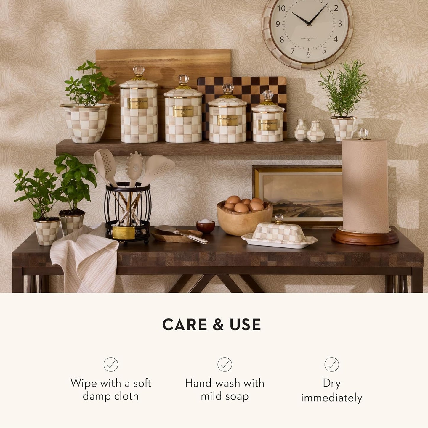 MACKENZIE-CHILDS Enamel Garden Pot, Decorative Pot for Plants, Outdoor Flowerpot Decor, Small, Brown-and-White Mocha Check