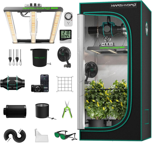 MARS HYDRO 3x3 Smart Grow Tent Kit Complete System with Smart WiFi Control Ventilation System,150W FC1500 Samsung LM301H Grow Light,App Dimming Control,1680D High Reflective Mylar,10 Speed Fan