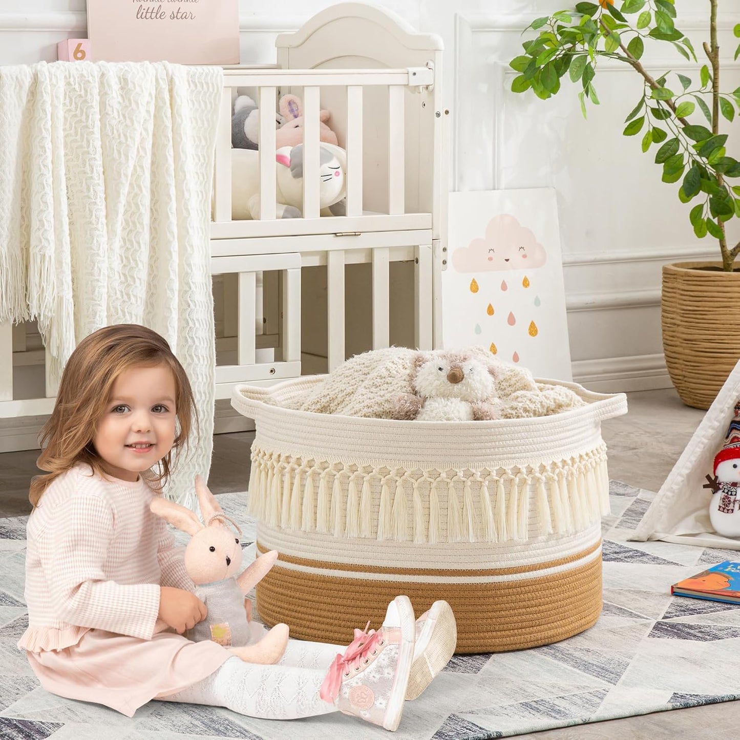 KAKAMAY Large Blanket Basket (20"x13"),Woven Baskets for storage Baby Laundry Hamper, Cotton Rope Blanket Basket for Living Room, Laundry, Nursery, Pillows, Baby Toy chest (White Fringe)