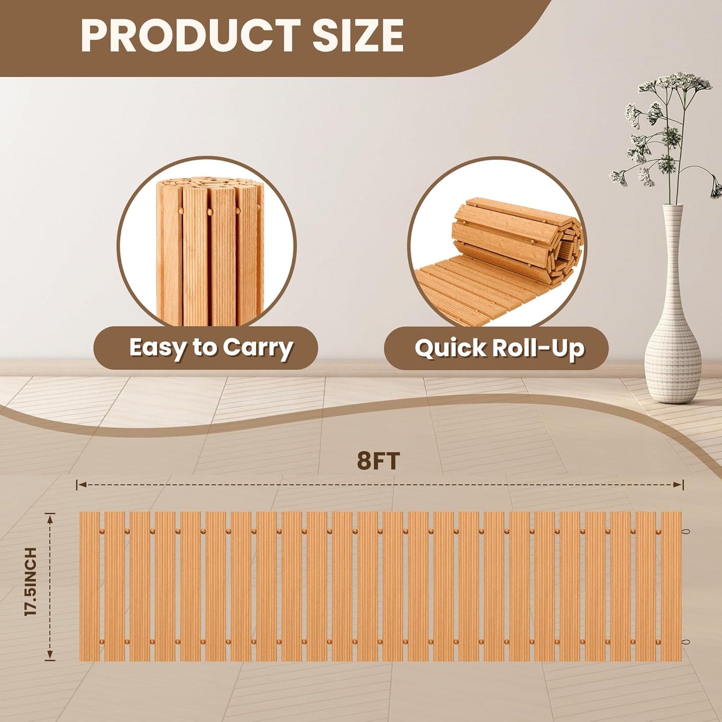 8FT Wooden Garden Pathway, Roll Out Walkway for Patio, Backyard and Outdoor Decor, Weatherproof, Non Slip and Easy to Install, Perfect for Beach, Wedding or Lawn (Natural)